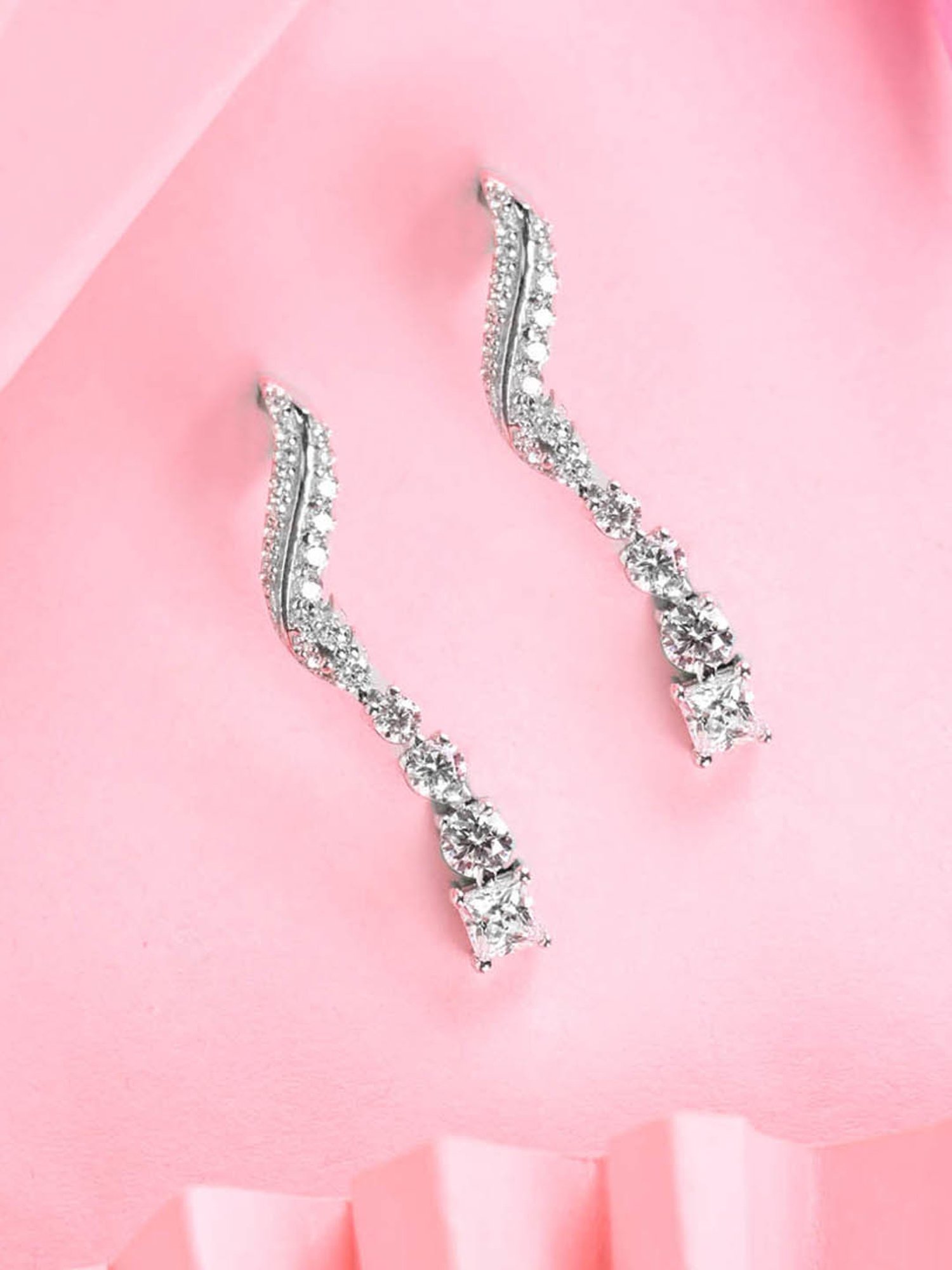 Clara 925 Silver Platinum Plated Swiss Zirconia Wave Drop Earrings Gift for Women