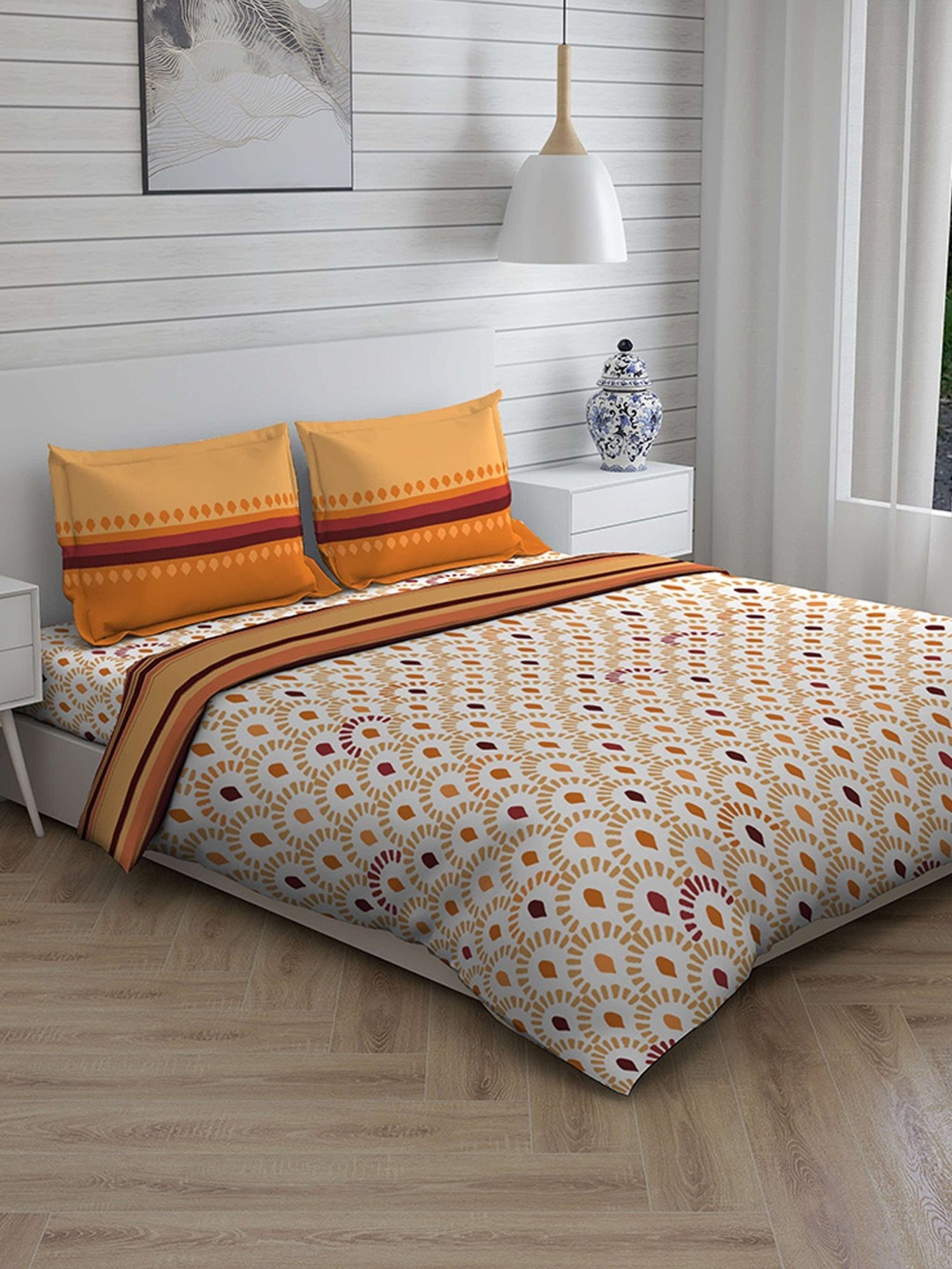 Living Roots Printed Grey 300 TC Cotton Single Diwan - Set of 8