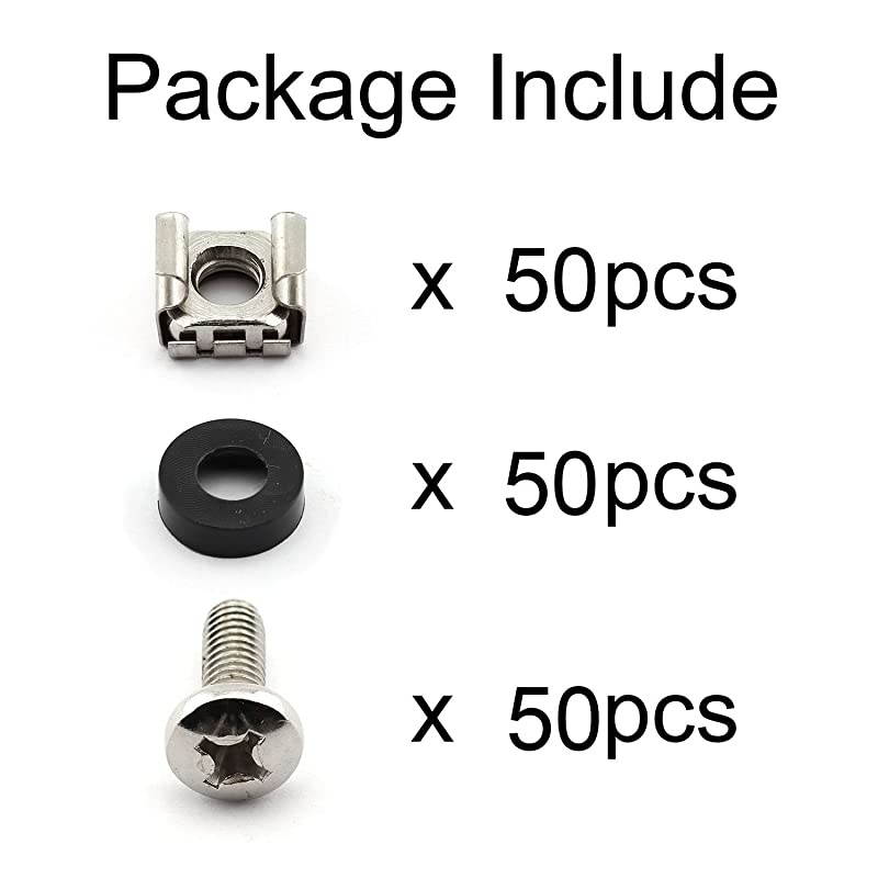 M6 Cage Nuts & Screws for Server Shelves Cabinets, Lengthened 16mm- Rack Mount Screws (50 Pk)