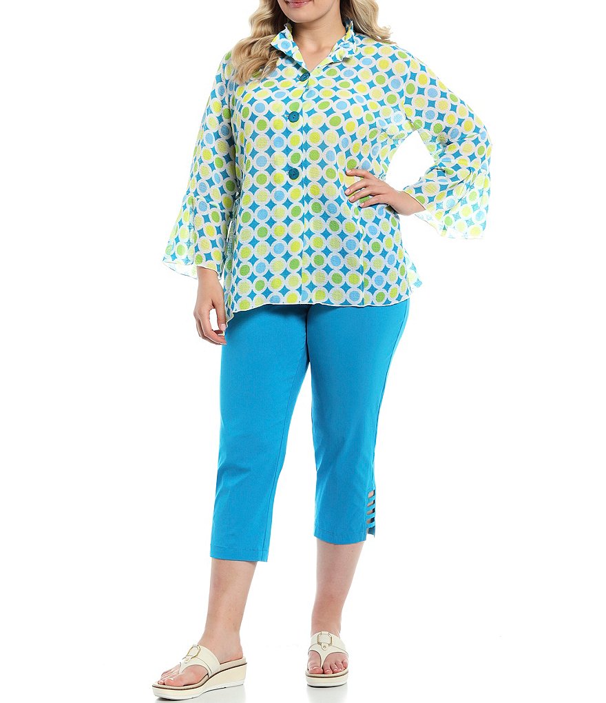 Multiples Plus Size Dot Print Texture Woven 3/4 Sleeve Flounce Cuff Button Front Peplum Jacket