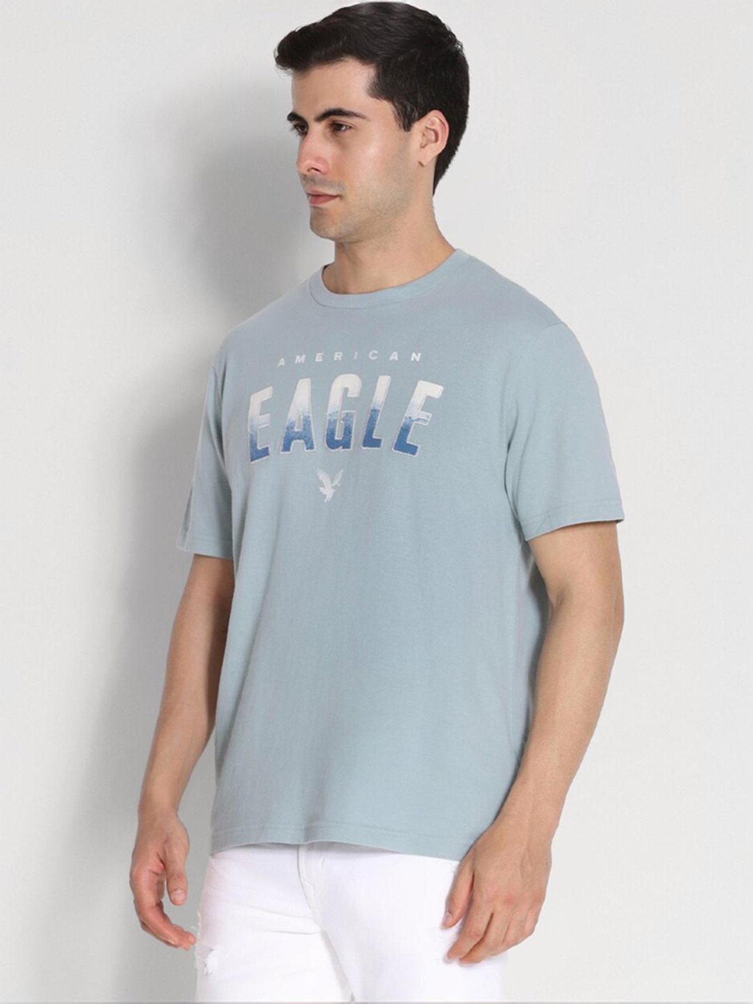 American Eagle Blue Cotton Regular Fit Logo Printed T-Shirt