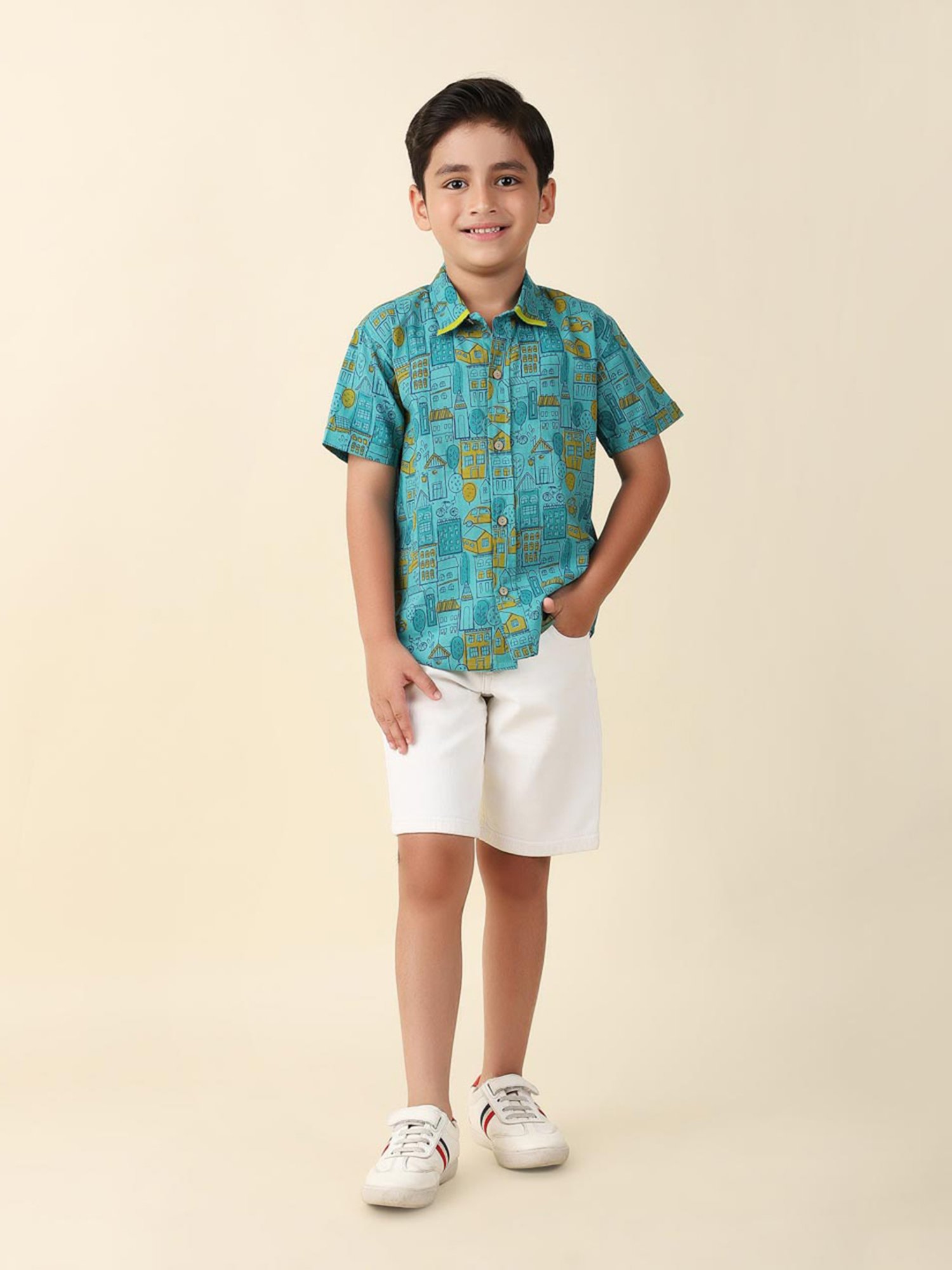 Fabindia Kids Turquoise Printed Shirt