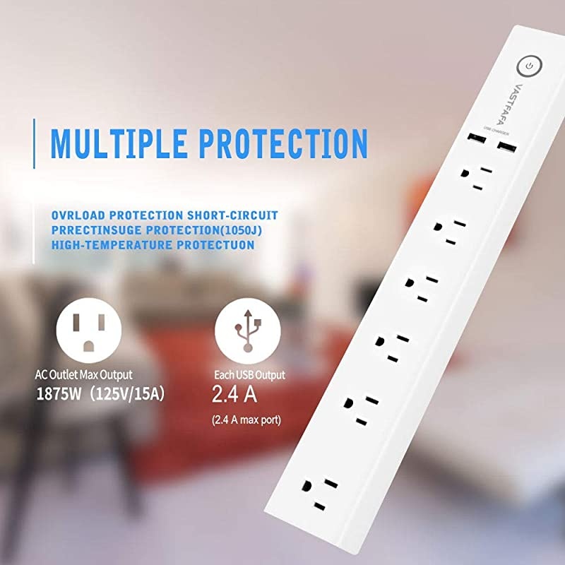 6Outlet Surge Protector Power Strip with 2 Fast Charging USB PortDesktop Charging Station 6 ft Extension Cord for Cruise Ship Dorm Room Multi Plug Extender White