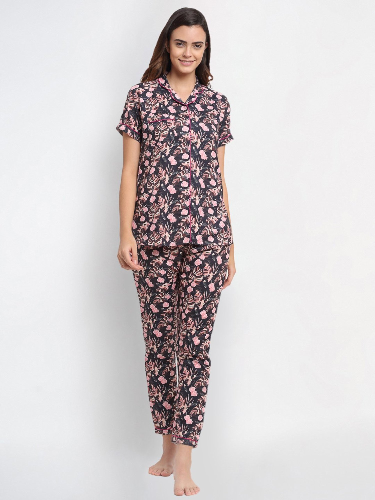 Erotissch Grey & Pink Floral Print Shirt Pyjama Set