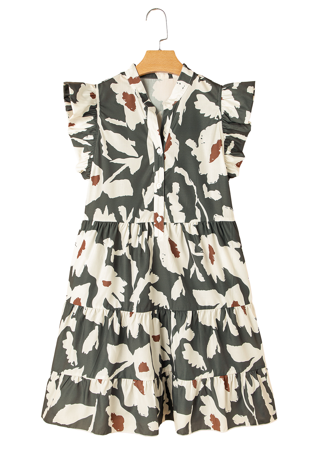 White Frill Mock Neck Sleeveless Tiered Floral Dress