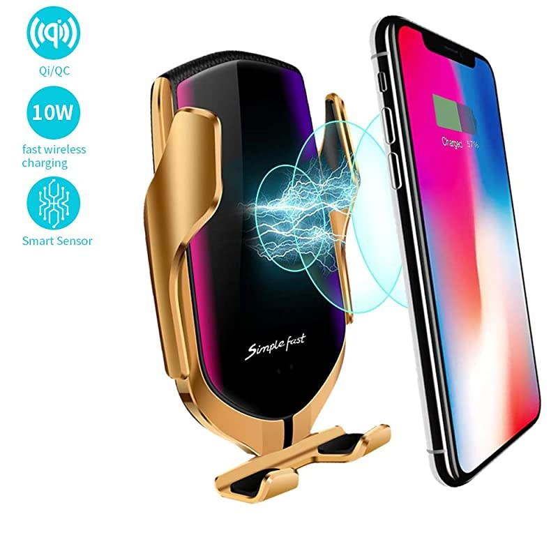 Smart Sensor Wireless Car Charger Mount, Automatic Clamping QC/QI 10W Fast Charging Car Charger Holder Compatible with iPhone 11/Xs/Xs Max/XR/X,Samsung Note 9/S9/ S9+/S8 etc (Gold)