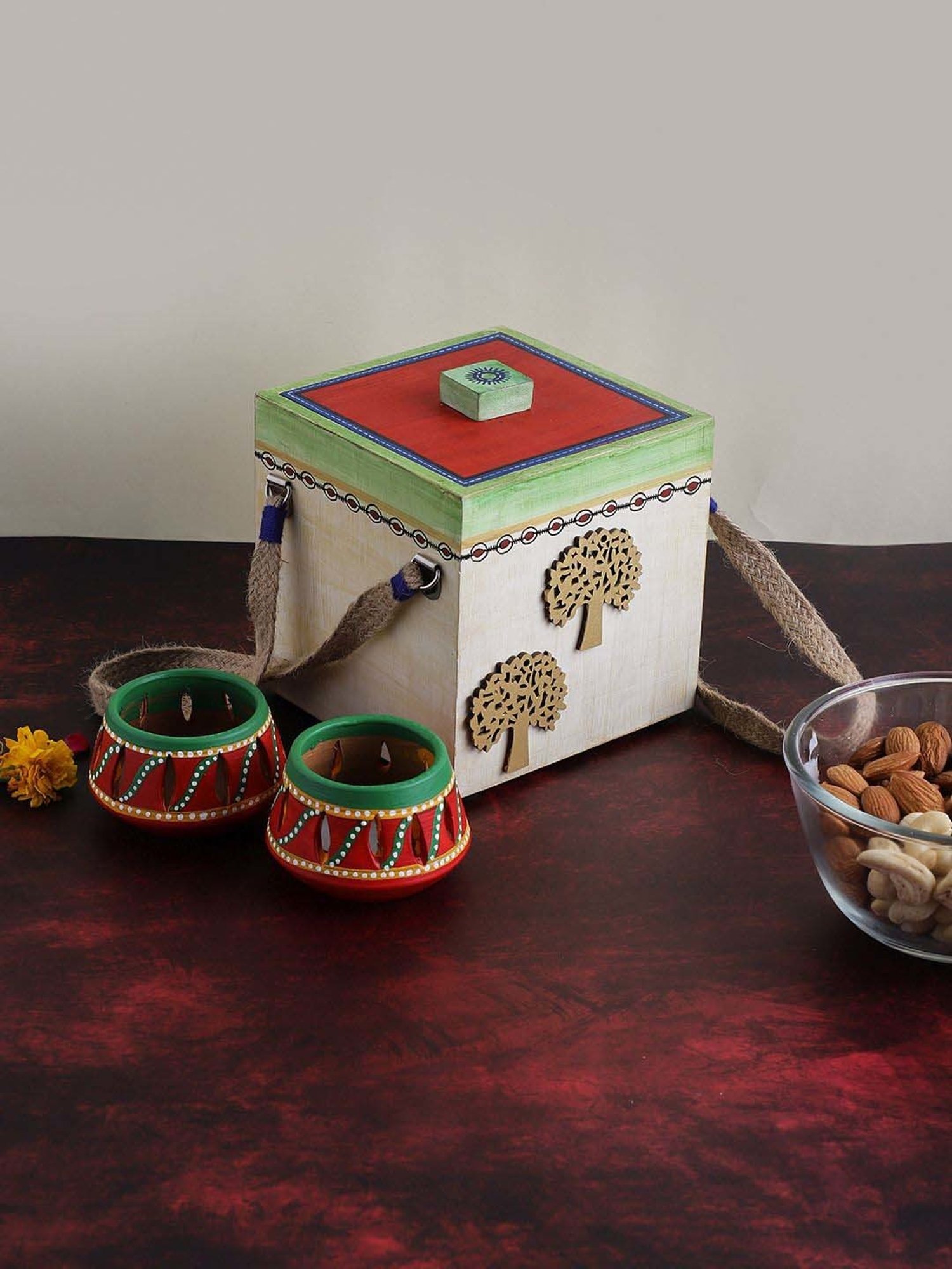VarEesha Upahaar Beige & Red Wood Decorative Gift Box with 2 Tea Light Holders