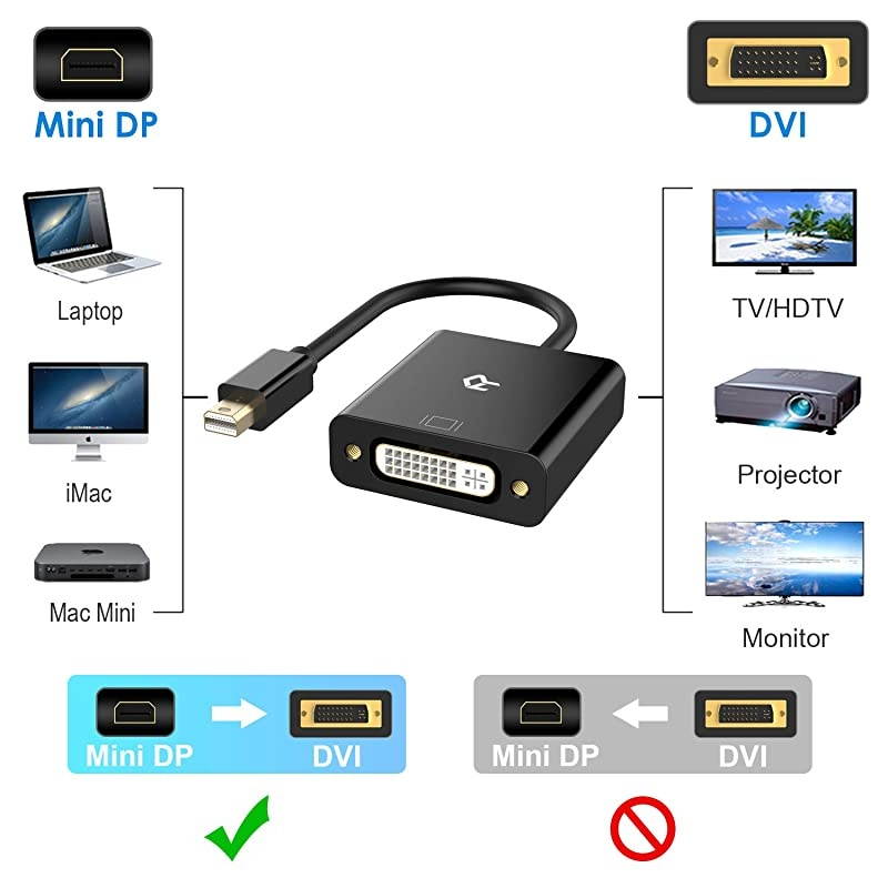 Mini DP to DVI Gold 1080P Plated Mini DisplayPort Thunderbolt Port Compatible to DVI Male to Female Adapter Converter Black