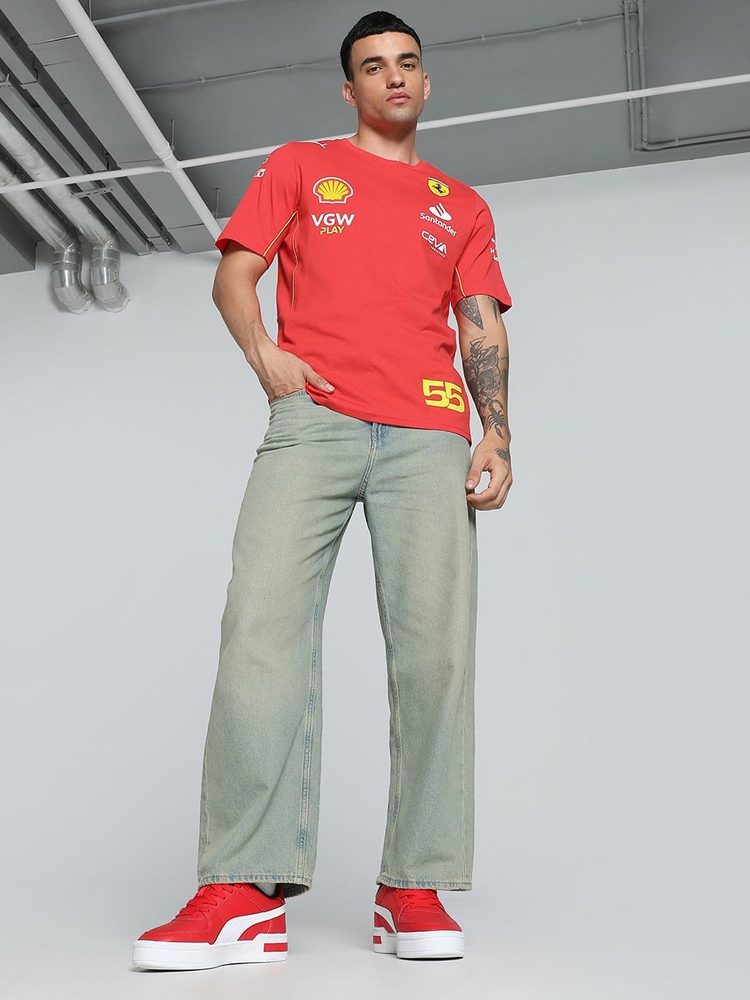 Puma Red Cotton Regular Fit Printed T-Shirt