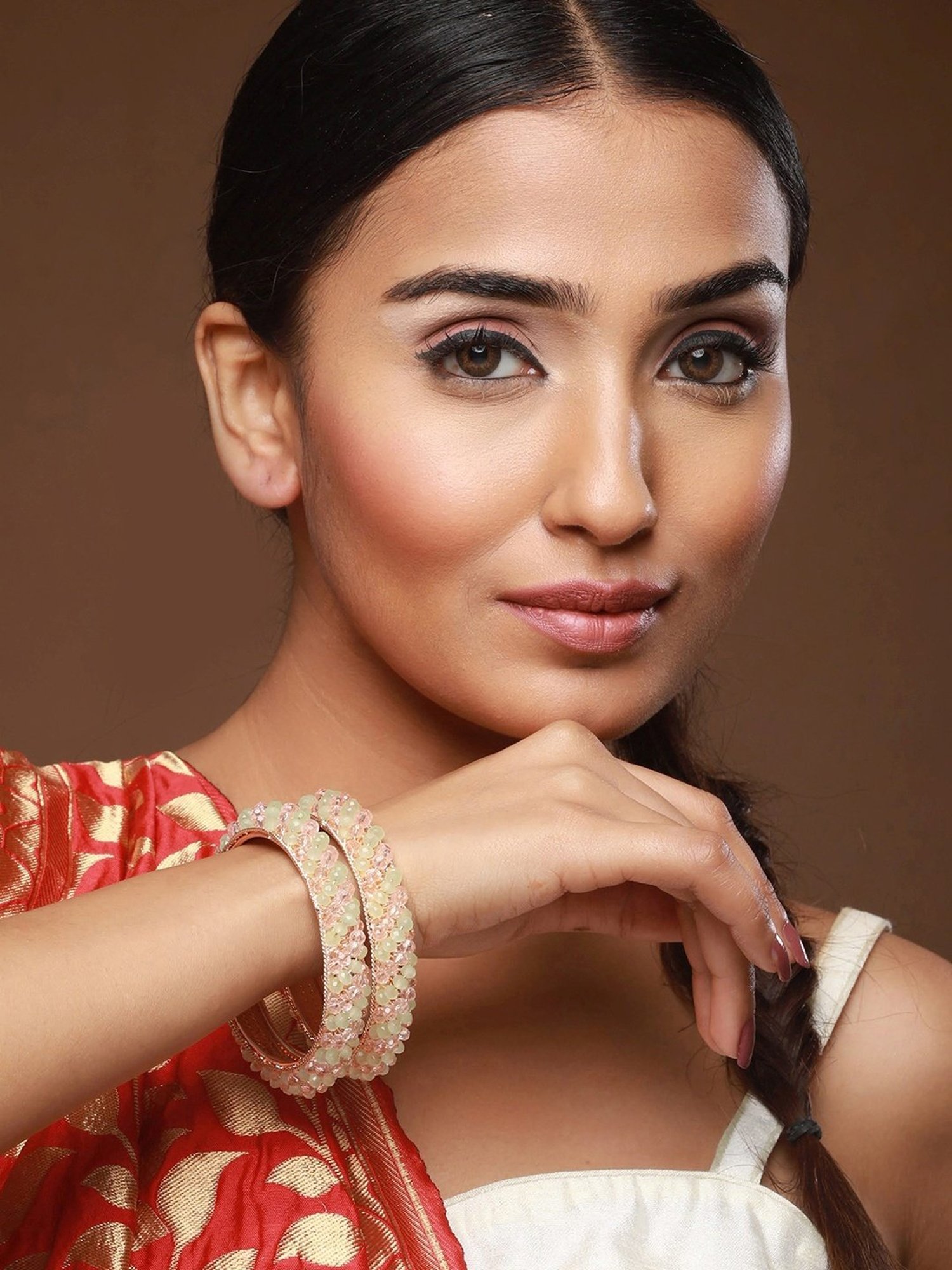 Aatmana Rose Gold-Plated Pink & Rose Crystal Beaded Bangles for Women (Set of 2) - 2.8