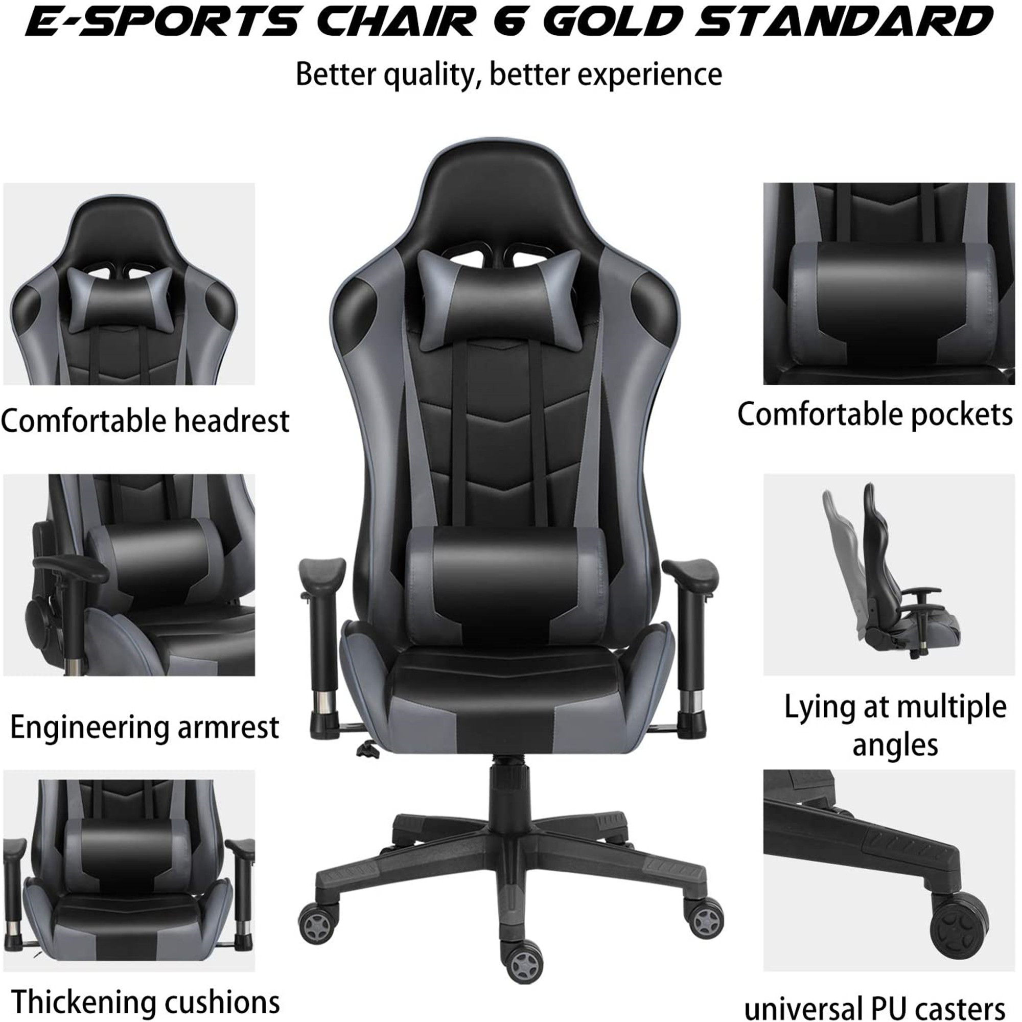 Ergonomic Gaming Chair Racing Chair E-Sports Chair Home Office Chair Computer Game Chair Backrest and Seat Height Adjustable Chair with PU Leather Lumbar Support and Headrest