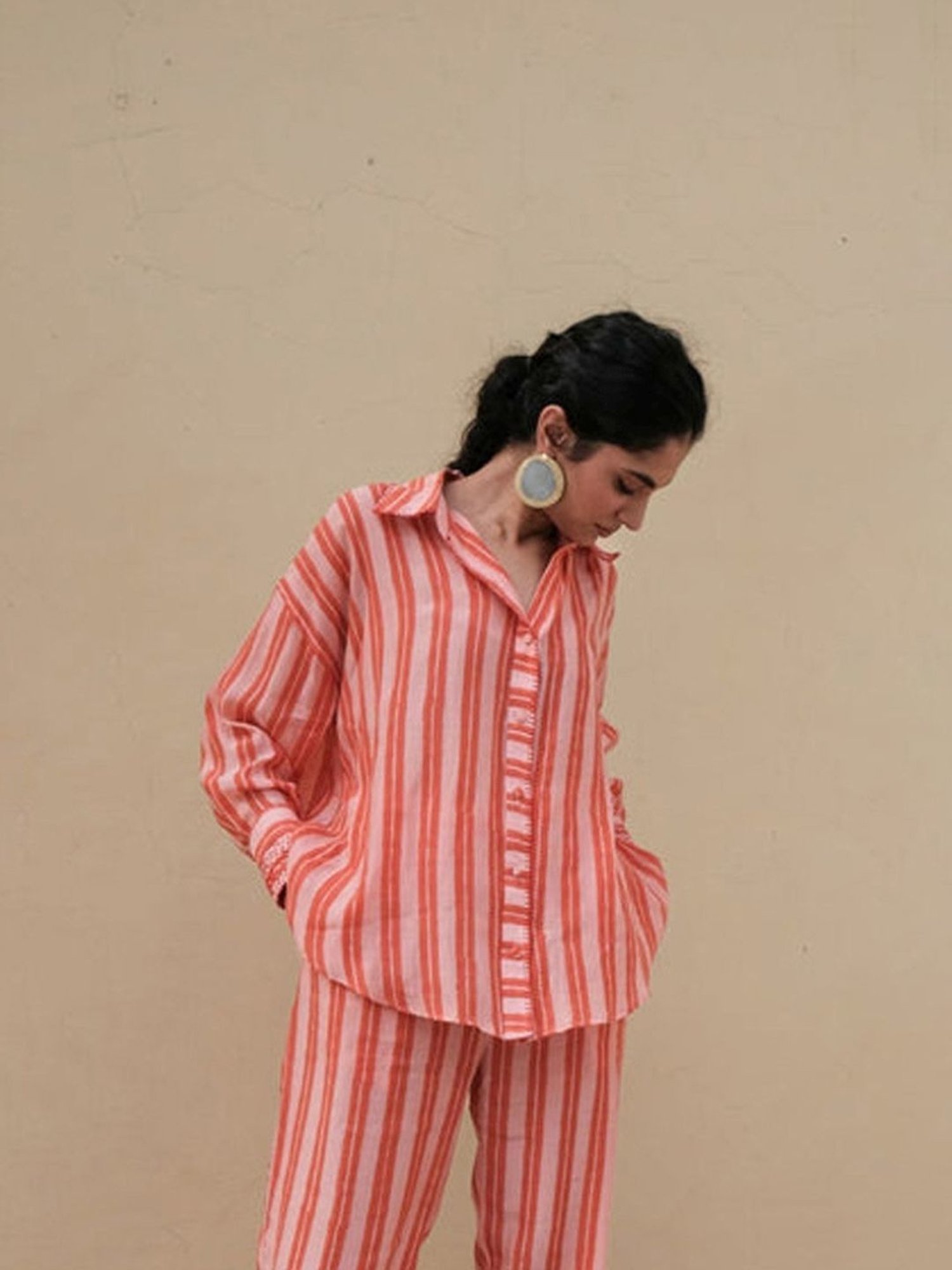 Khajoor Studio Pink & Red Bageecha Trellis Stripes Statement Shirt