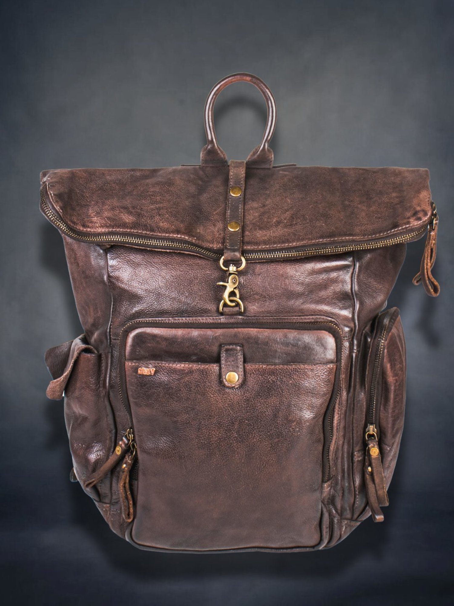 Art N Vintage Leo Brown Leather Solid Large Backpack