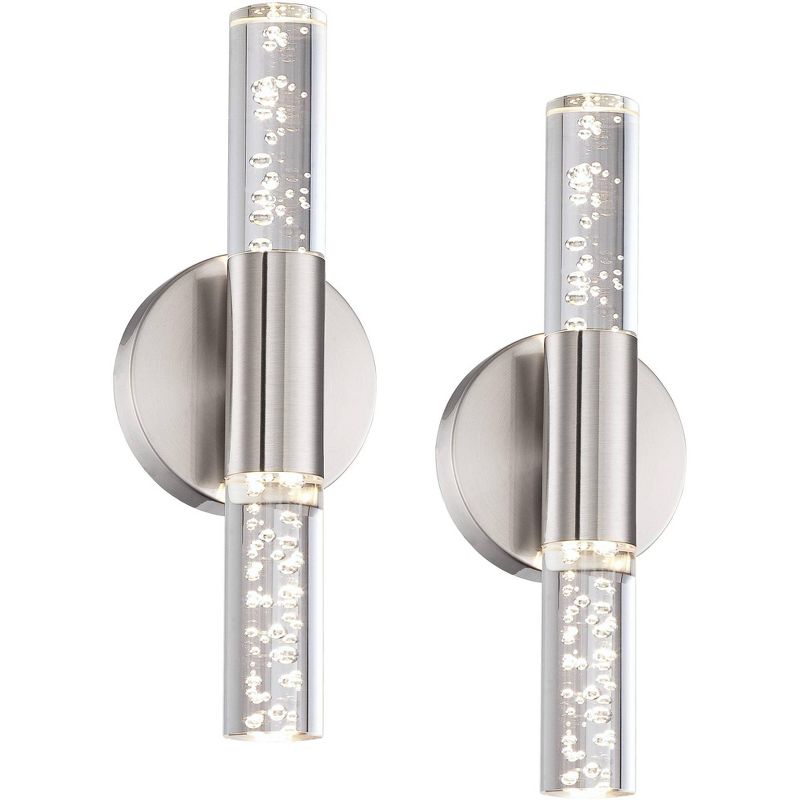 Possini Euro Design Modern Wall Light Sconces Set of 2 LED Nickel Hardwired 13" High 2-Light Fixture Bubbled Acrylic for Bedroom
