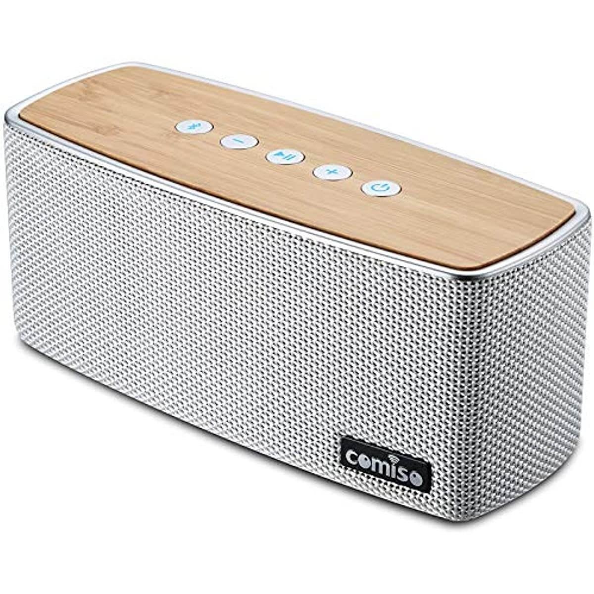 COMISO Bluetooth Speakers, 20W Loud Wood Home Outdoor Wireless Speaker, Subwoofer Tweeters for Super Bass Stereo Sound Bluetooth 5.0 100Ft 24H Playtime
