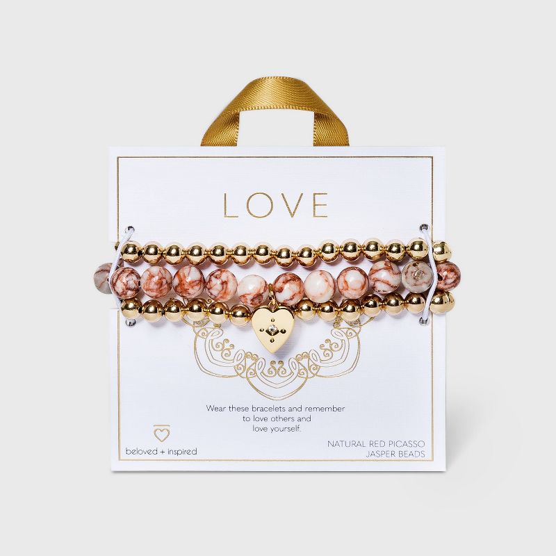 Beloved + Inspired Gold Rose Quartz and Red Picasso Jasper with Heart Charm Trio Stretch Bead Bracelet Set - Pink Rose