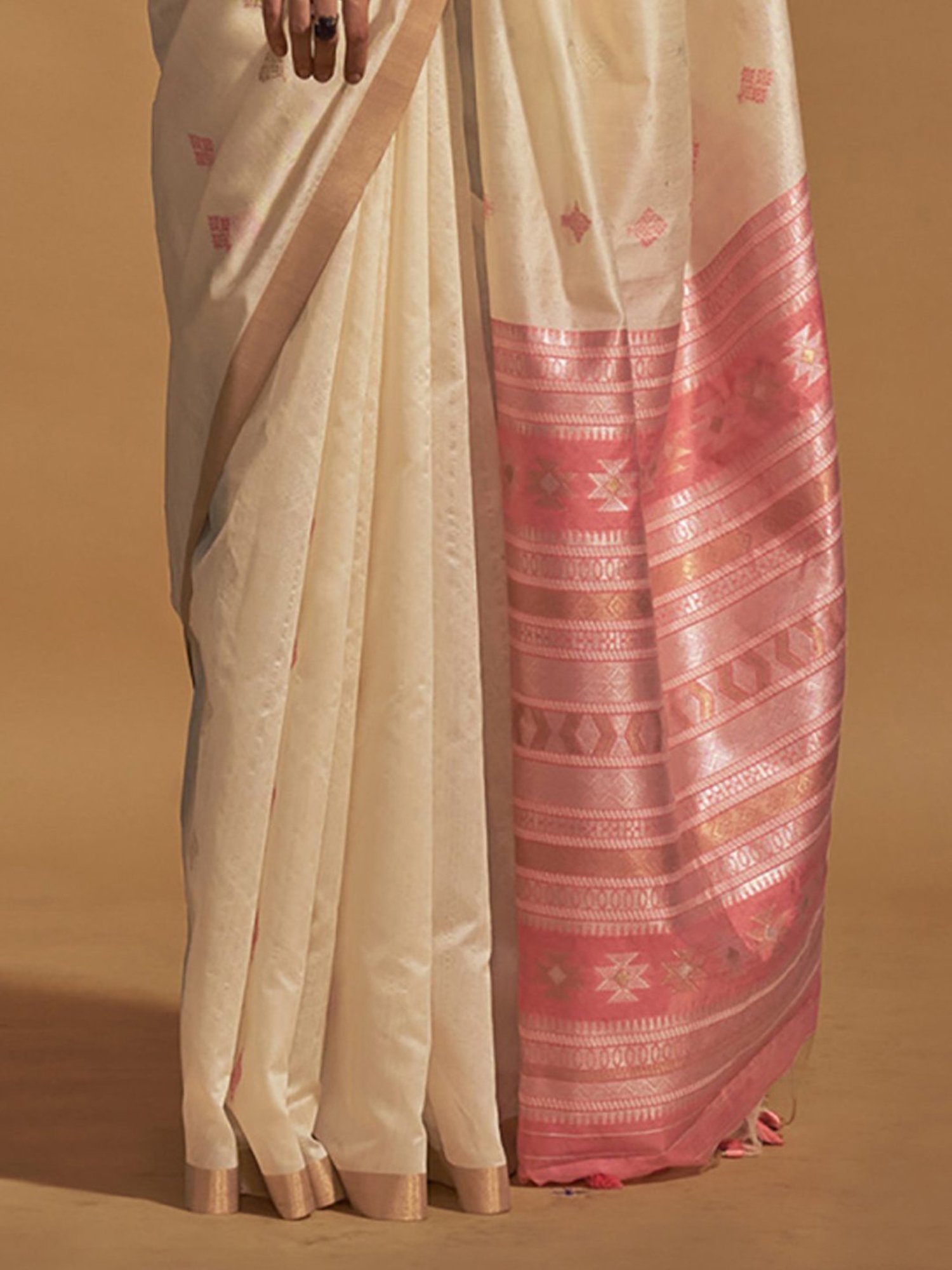 Elora Off-White & Pink Silk Woven Saree With Unstitched Blouse