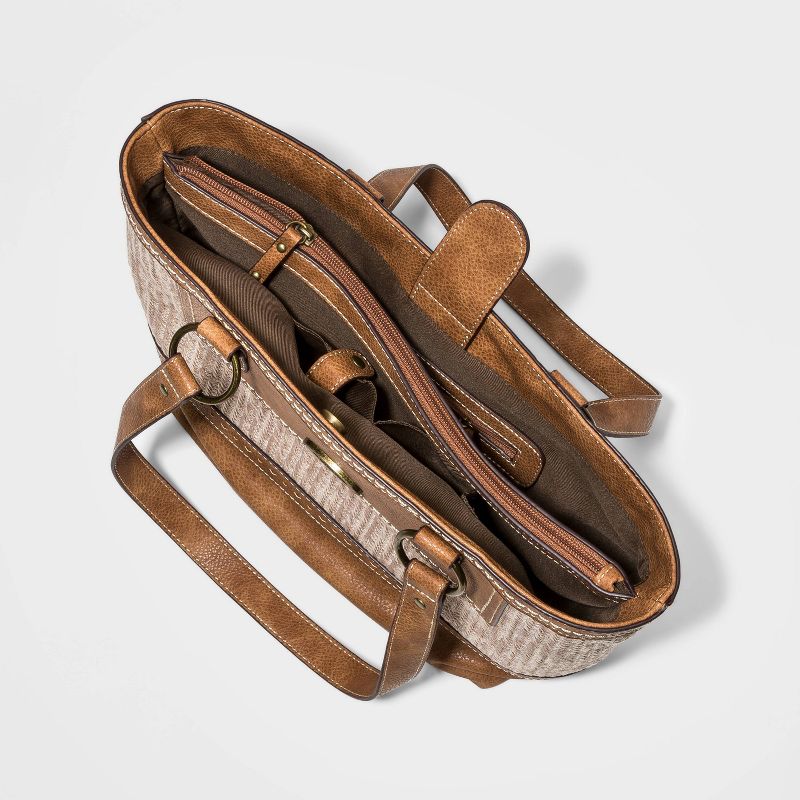 Bolo Snap Closure Zip Zag Straw Tote Handbag - Brown