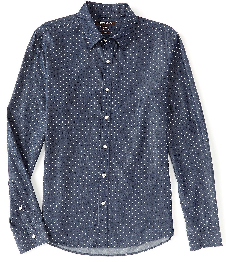 Michael Kors Slim-Fit Dot On Chambray Long-Sleeve Woven Shirt