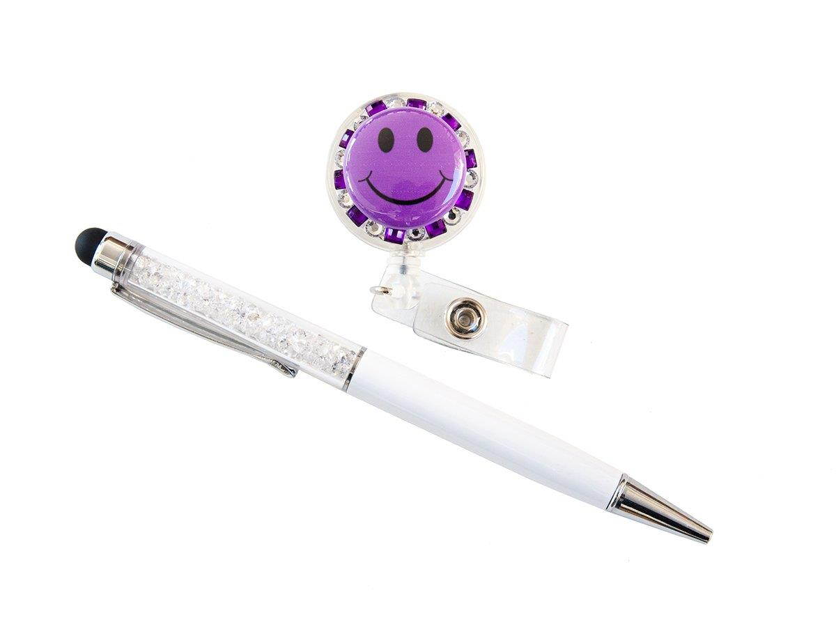 Set of Rhinestone Retractable ID Badge Holder and Rhinestone Pen/Stylus (Purple Happy Face_white pen)
