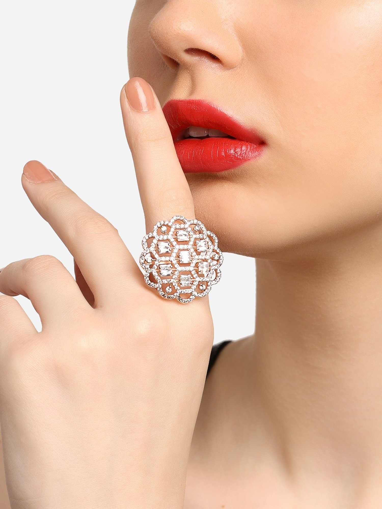 Zaveri Pearls Rose Gold Dazzling Cubic Zirconia Party Bling Adjustable Finger Ring-ZPFK16893