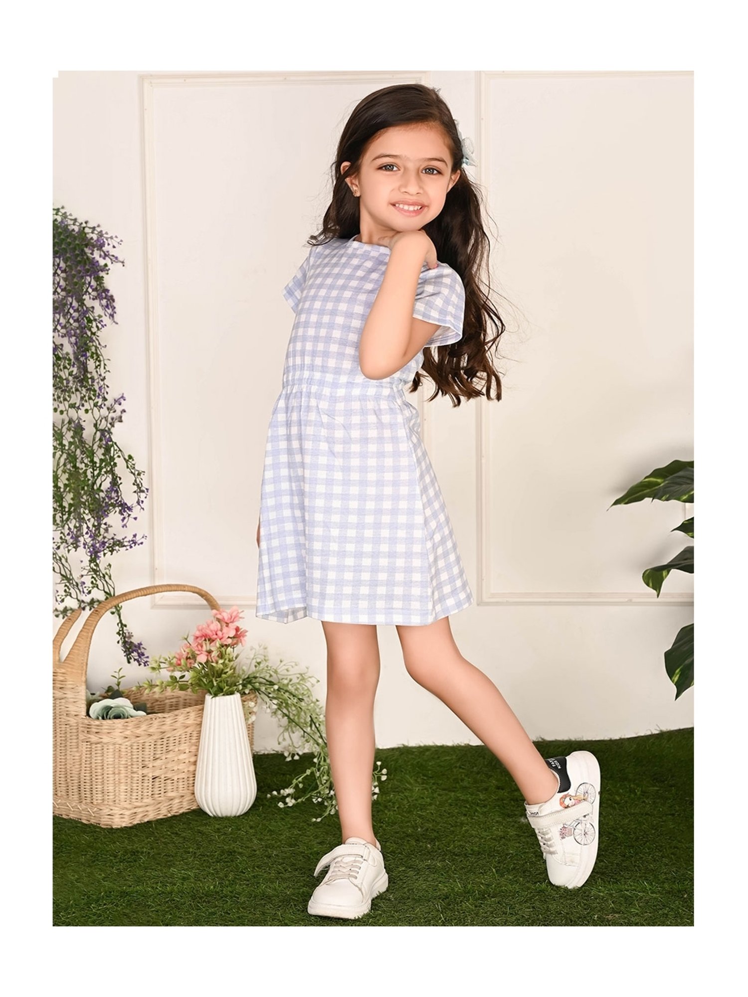 LilPicks Kids White & Blue Cotton Chequered Dress