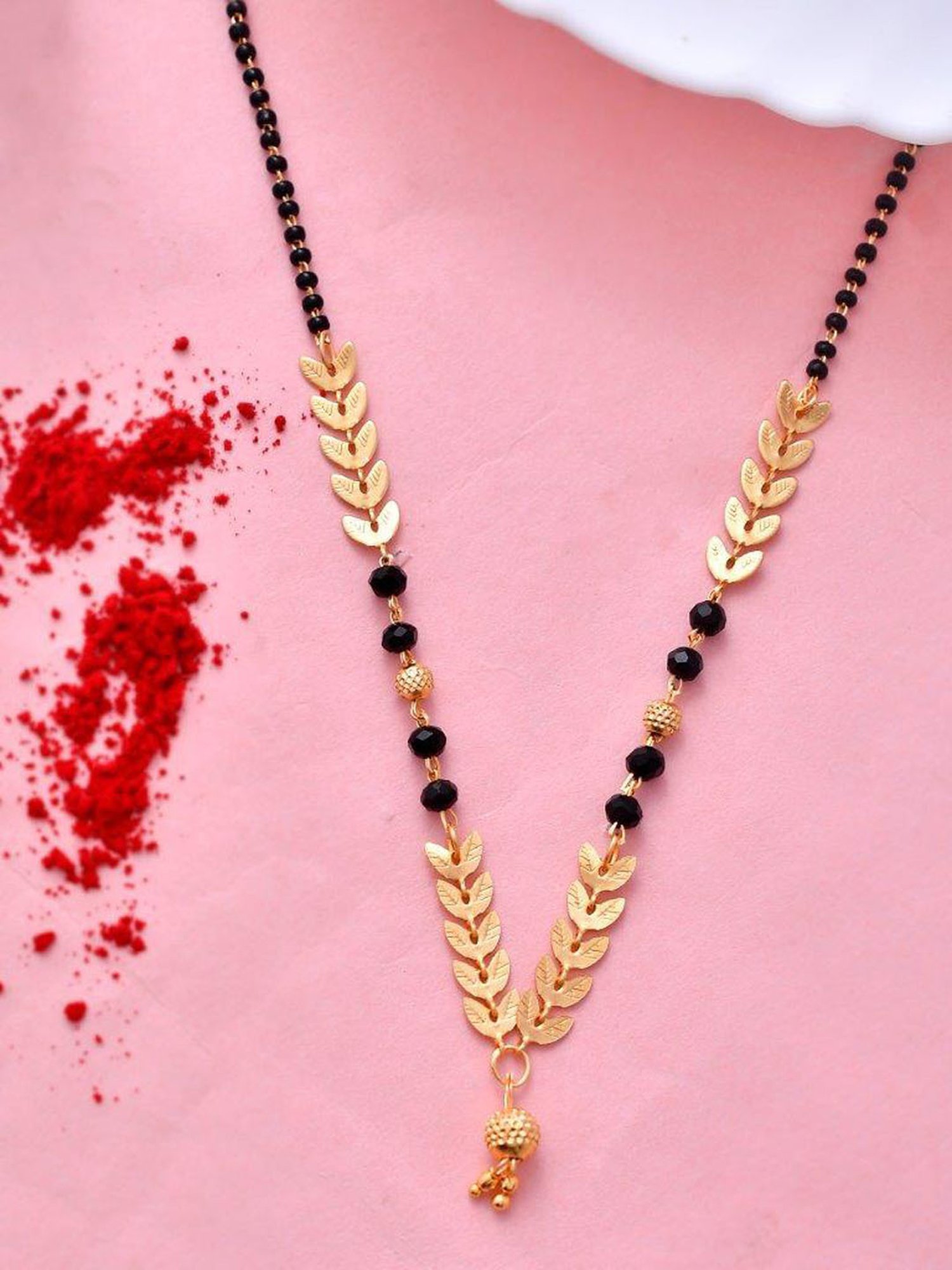 VOJ Gold Plated Leaf Design Beaded Chain Mangalsutra for Women