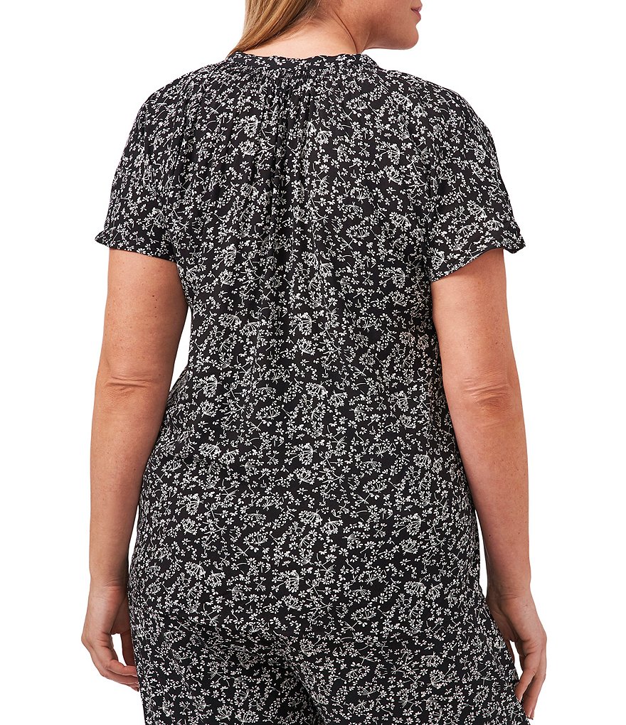 CeCe Plus Size Short Sleeve Ditsy Floral Tie Split V-Neck Top