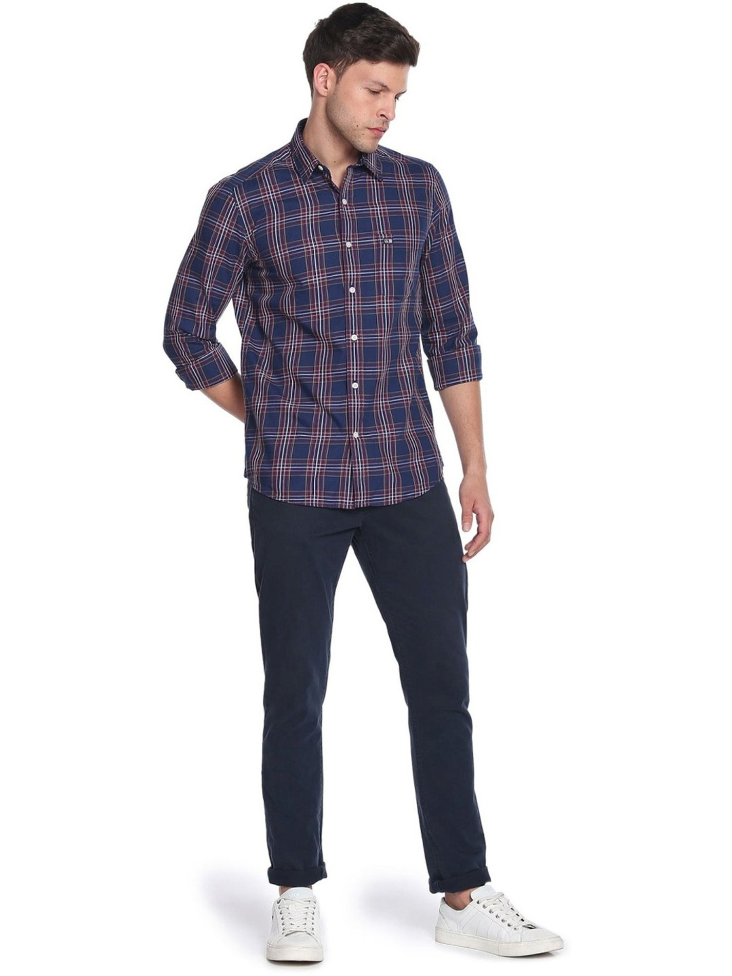 Spykar Blue Cotton Slim Fit Checks Shirt