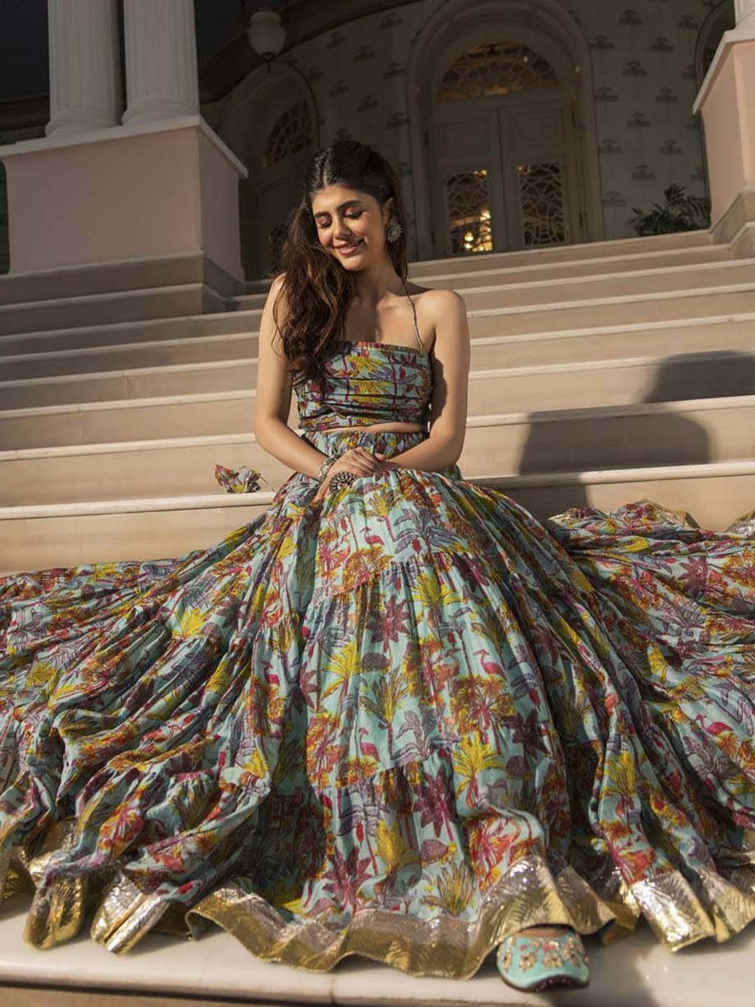 AACHHO Blue Floral Print Lehenga Choli Set With Dupatta