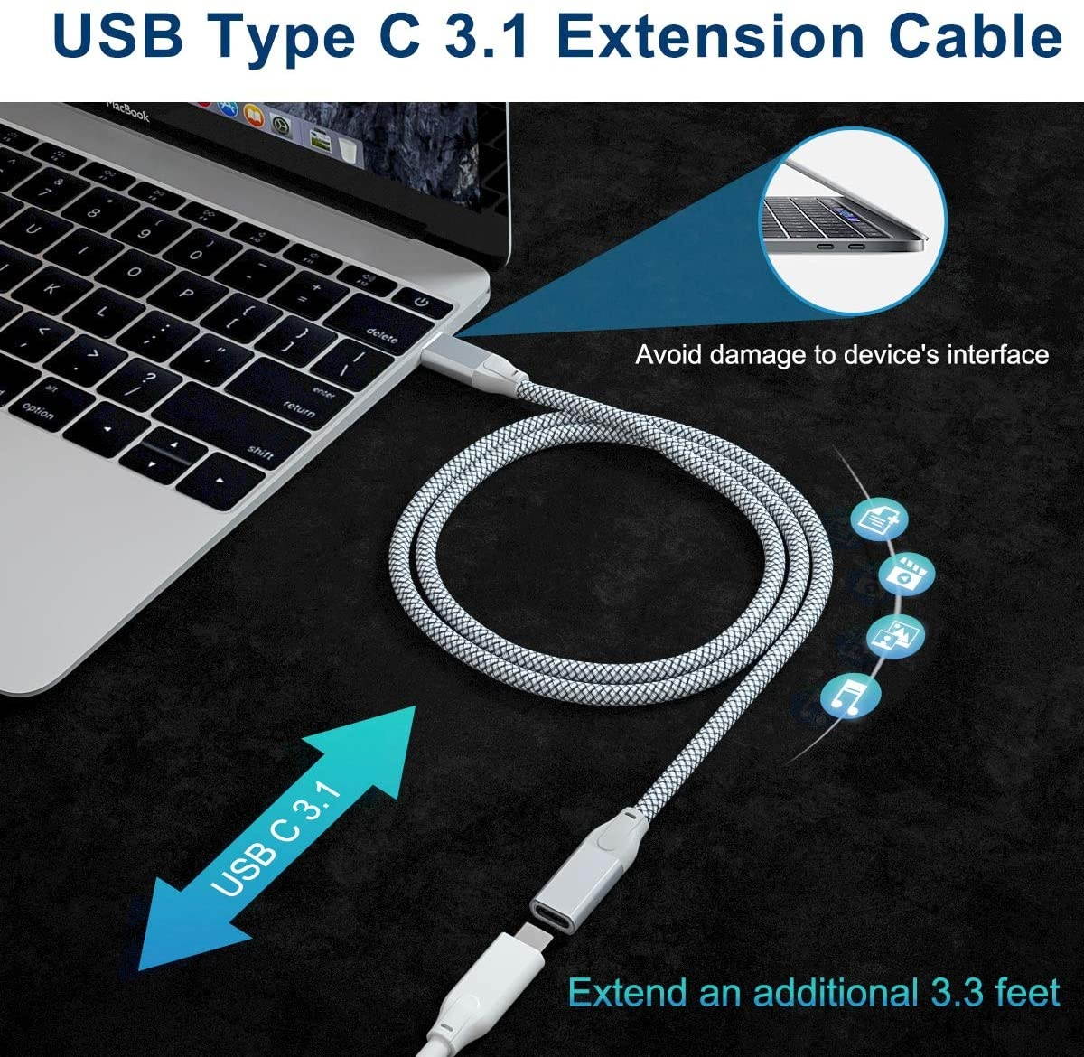 USB Type C Extension Cable 6.6FT 2-PackUSB-C 3.1 Gen2 10Gbps Female to USBC Male Adapter(Thunderbolt 3 Compatible) Extender Cord for Nintendo SwitchMacBook ProMac AirSurface GoOculus Quest Link