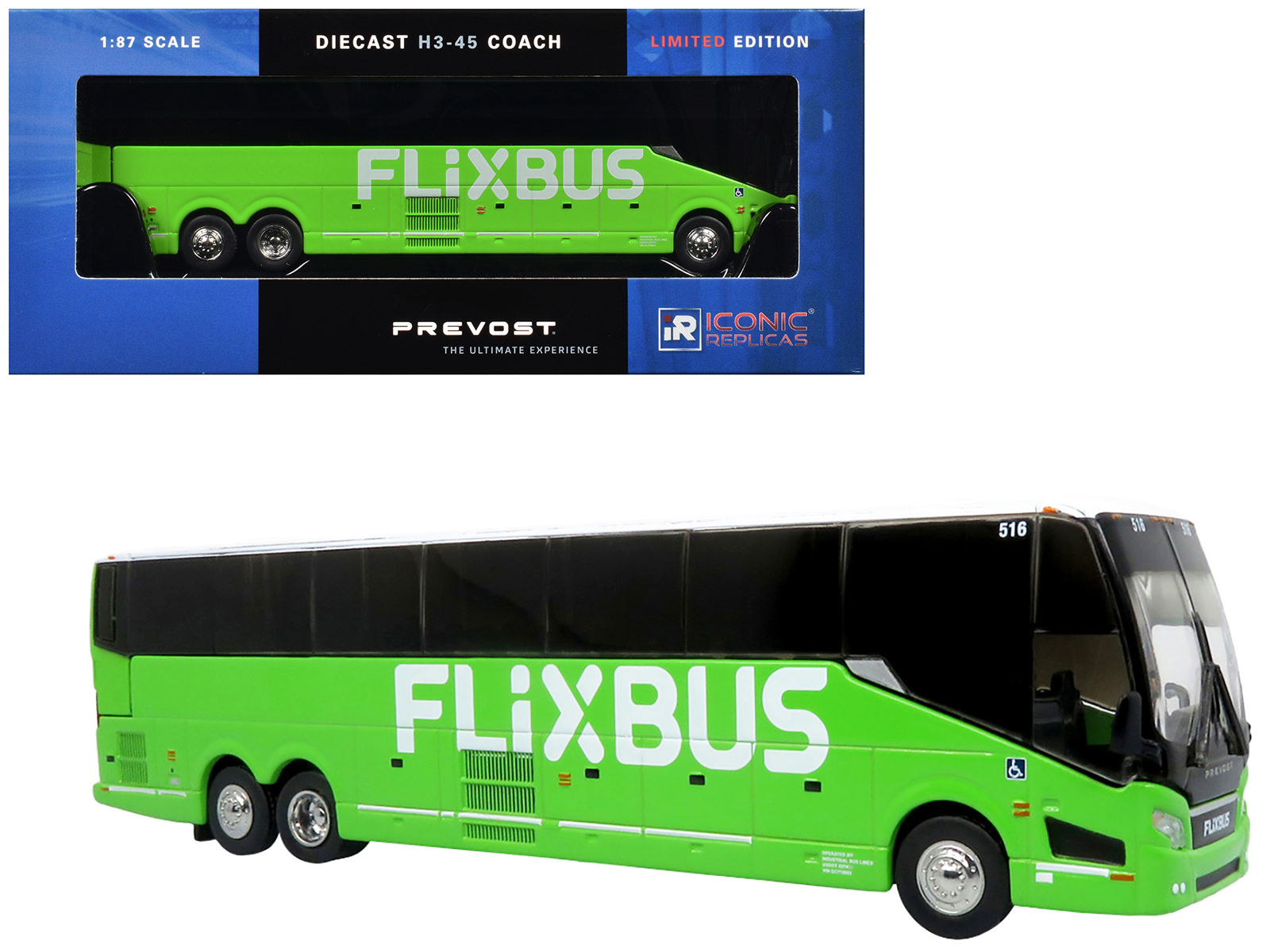 Prevost H3-45 Coach Bus "FlixBus" Green Limited Edition 1/87 (HO) Diecast Model by Iconic Replicas