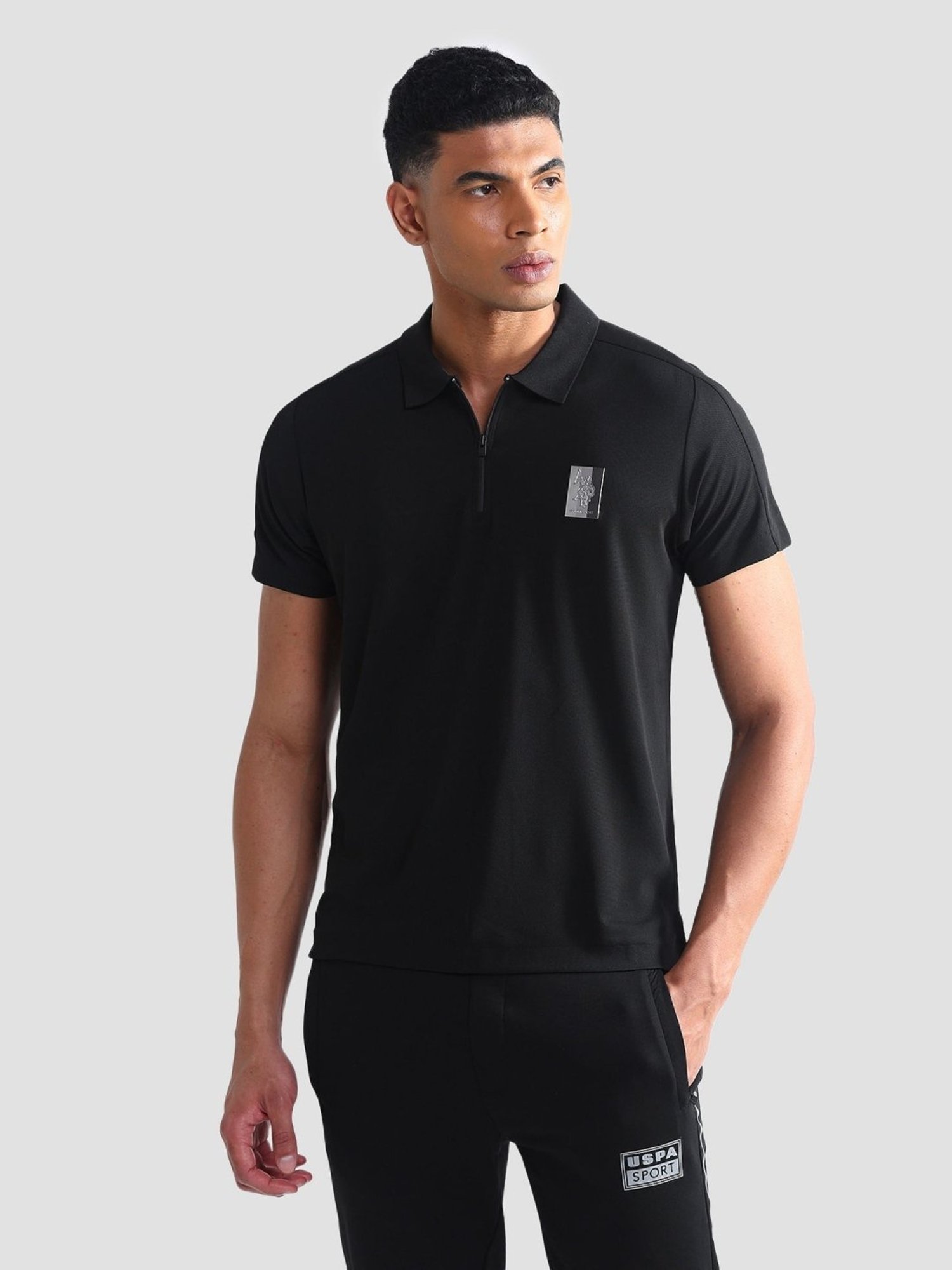 USPA Active Black Slim Fit Texture Sports Polo