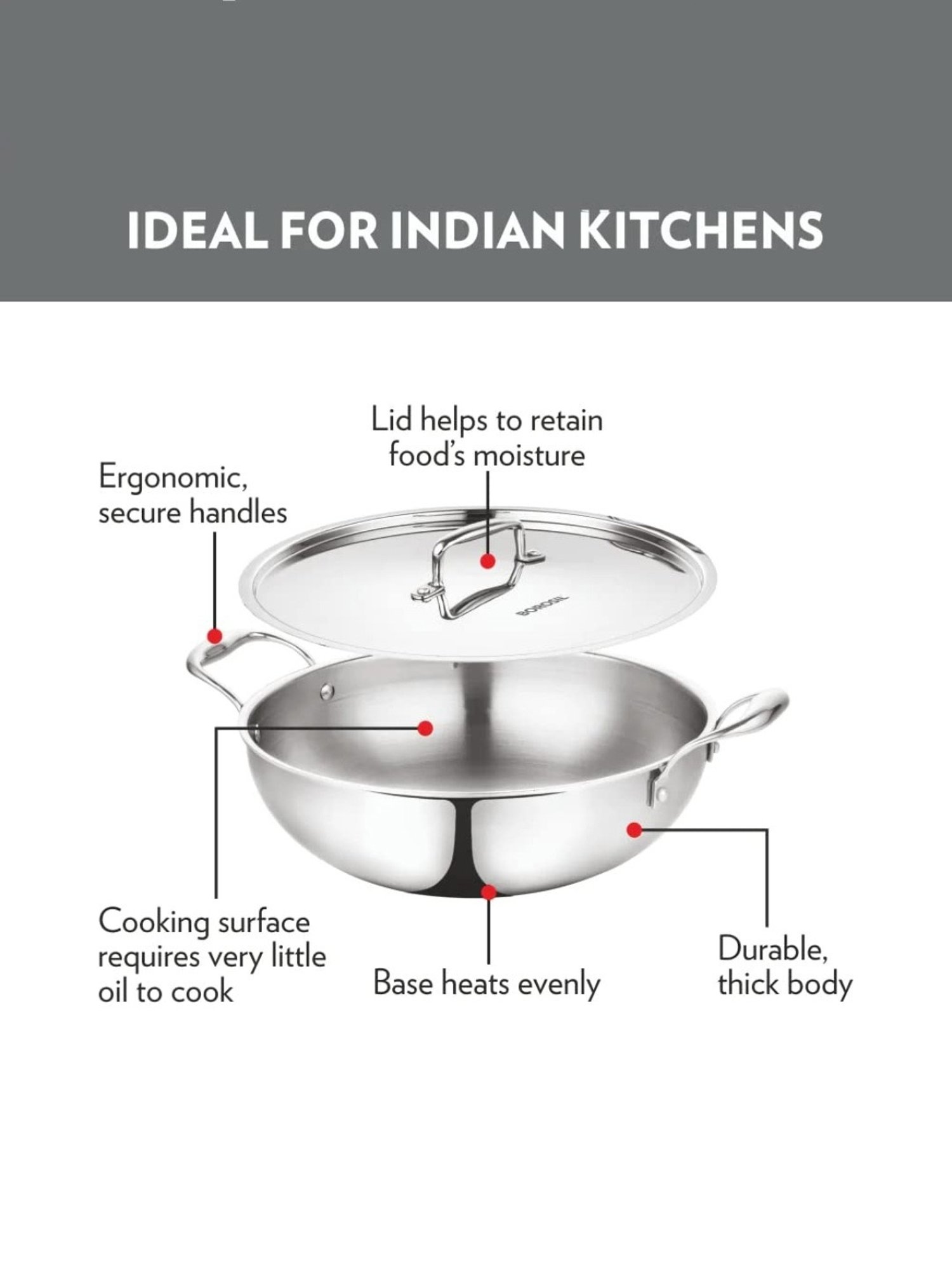 ?Borosil ?Silver ?Stainless Steel Kadhai