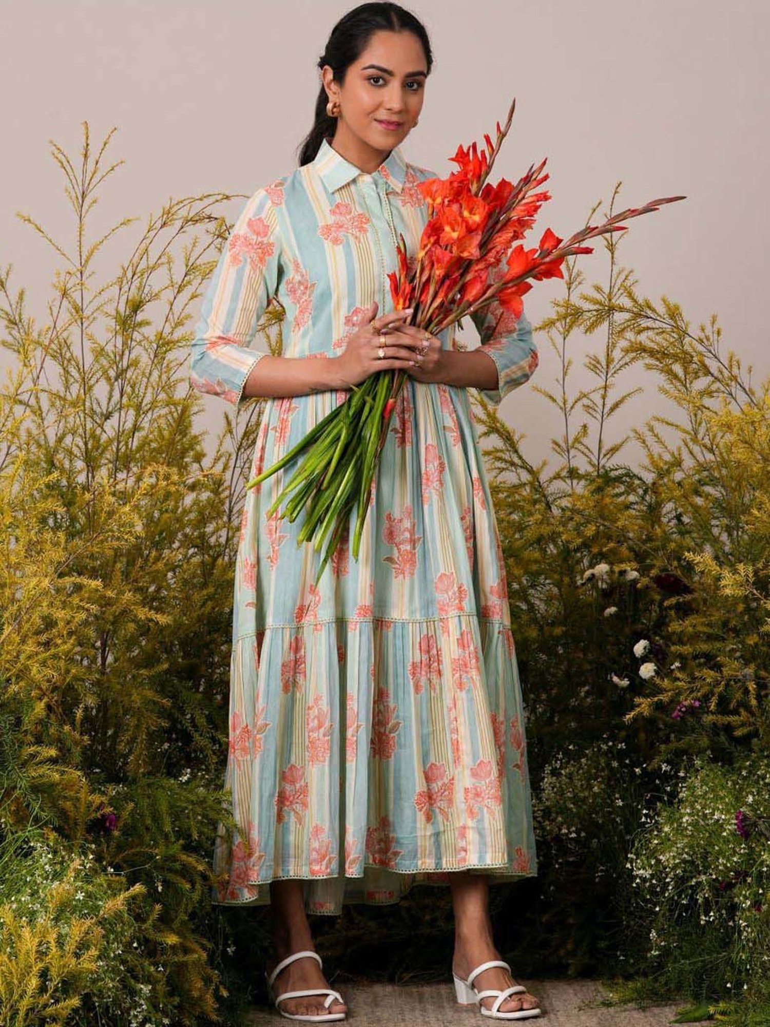 Libas Sea Green Cotton Printed Maxi Dress