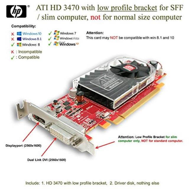 hp 516913001 ati hd3470 rv620 pcie x16 256mb graphics card  has one dp 1.1a connector, one duallink dvi connector, and includes bracket