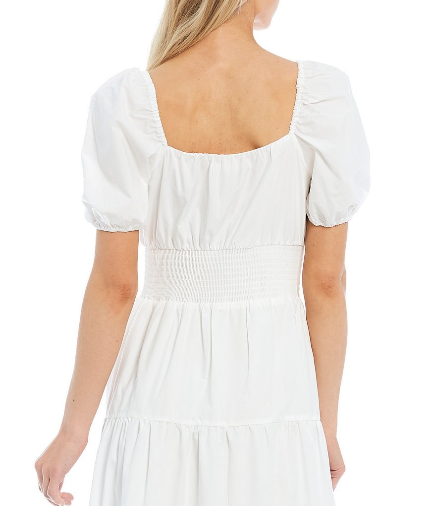 A Loves A Puff Sleeves and Smocked Waist Tiered Poplin Dress