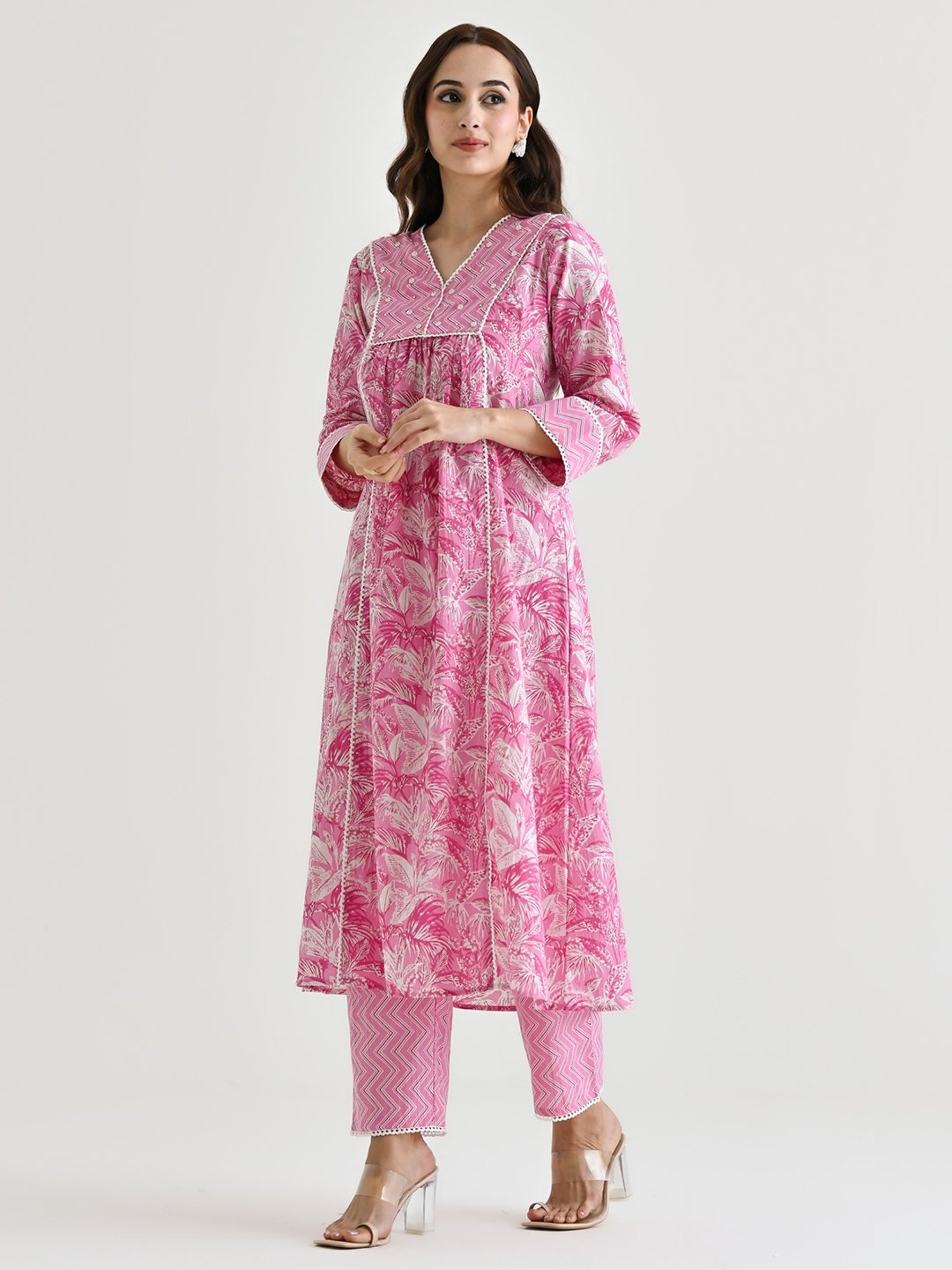 Rustorange Pink Printed A Line Kurta