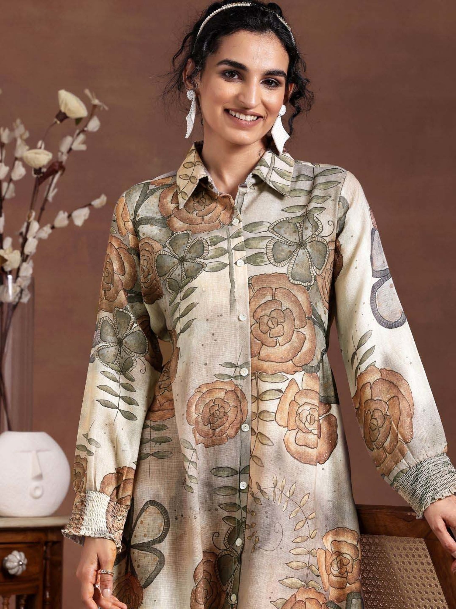 Libas Beige Linen Printed A-Line Dress