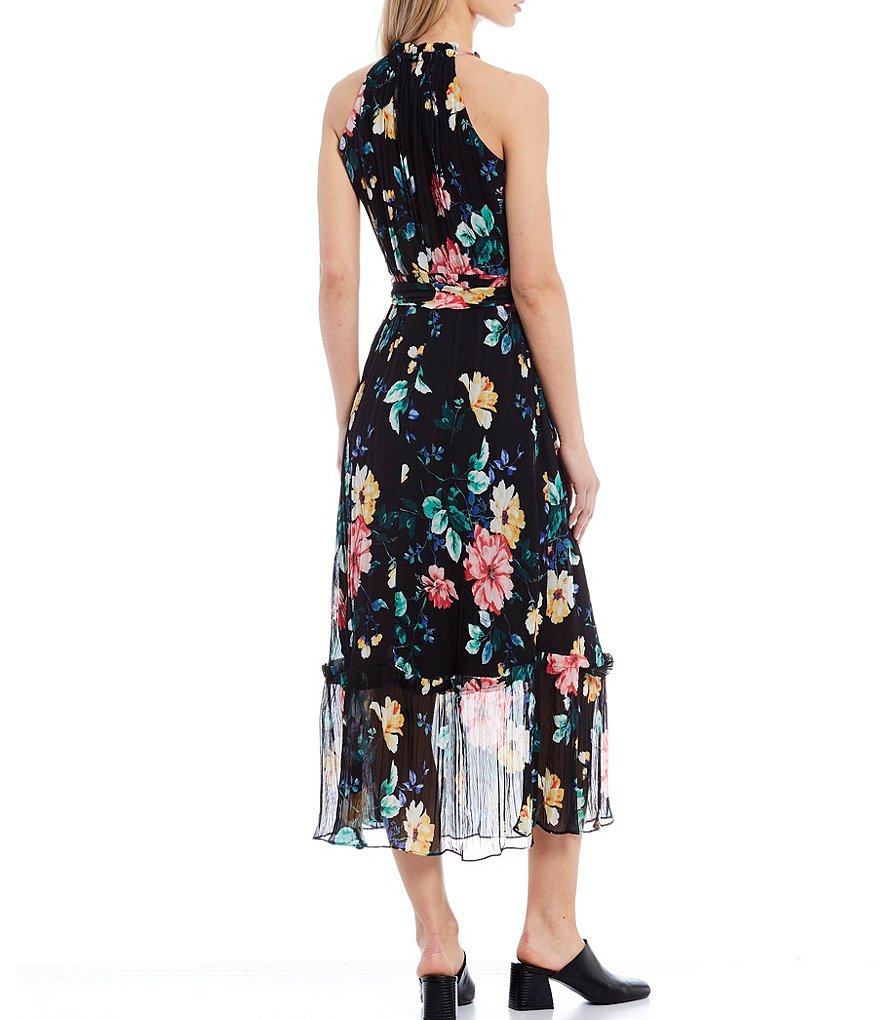 Kensie Halter Floral Print Pleated Sleeveless Chiffon Midi Dress