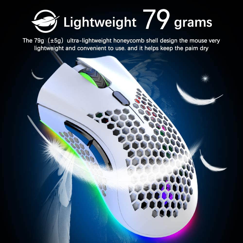 Wired Lightweight Gaming Mouse,Ultralight Honeycomb Shell Ultraweave Cable,7 Buttons Programmable Driver,Pixart 3325 12000 DPI,10 RGB Backlit Computer Mouse for PC Gamers,Xbox,PS4 Users