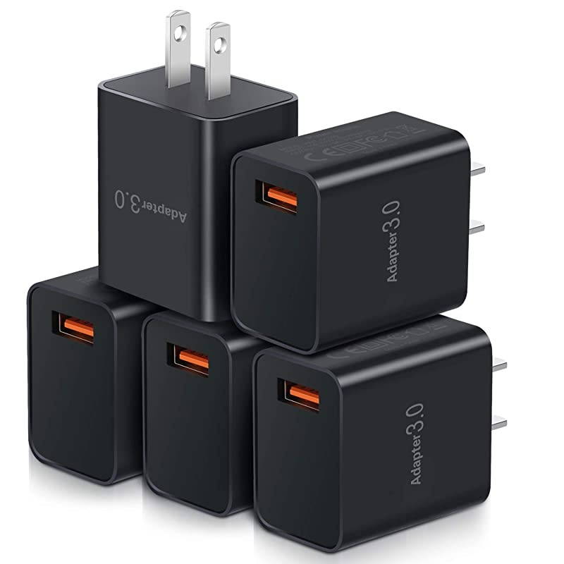 Quick Charging 3.0 Wall Charger,  5-Pack 18W QC Fast Charging 3.0 USB Charger Power Adapter Wall Plug Compatible iPhone 12, Samsung Galaxy S20/S10, 10W Wireless Charger, Pad, Tablets (Black&times;5)