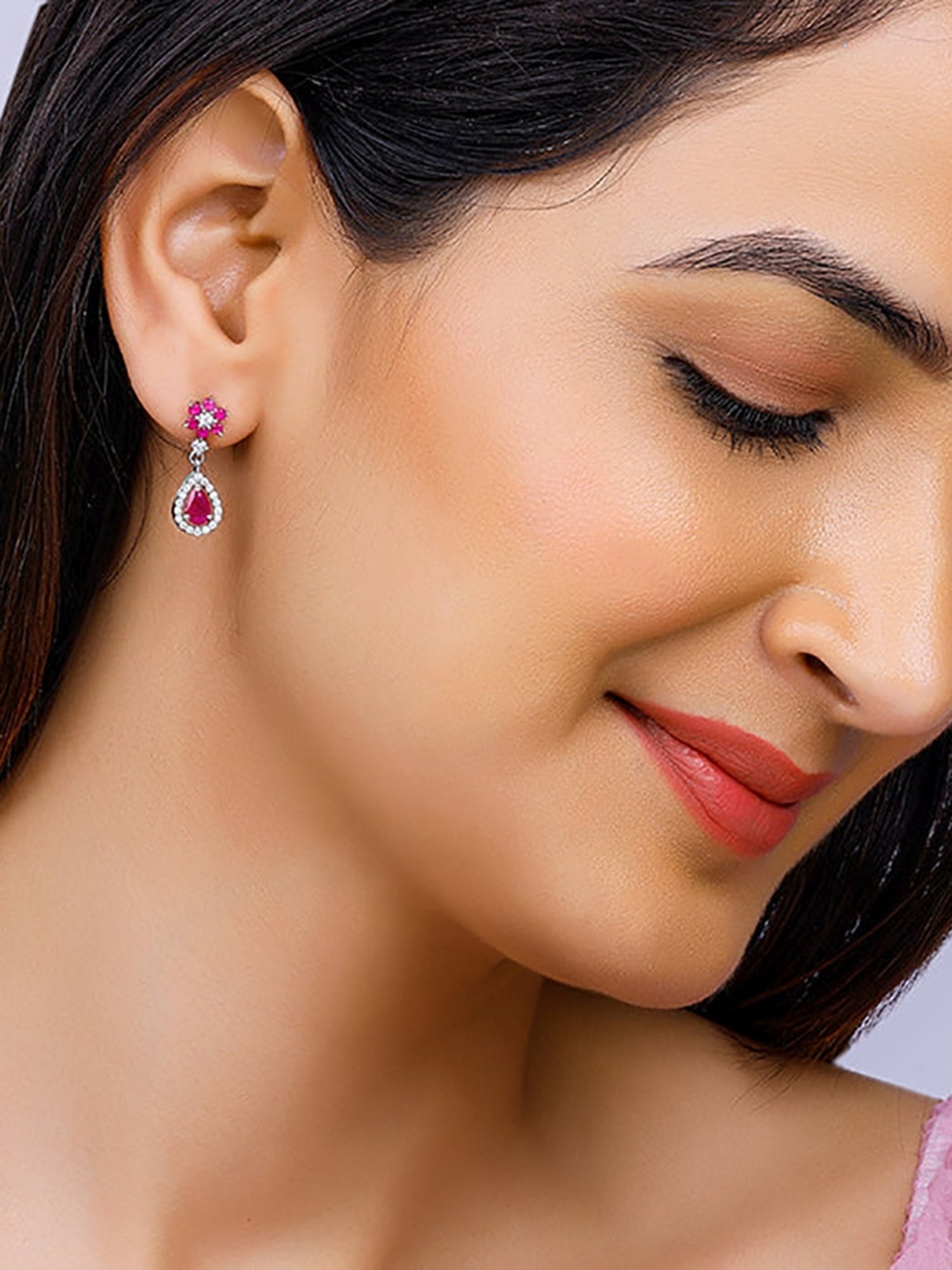 GIVA 92.5 Sterling Silver Pink Flower Drop Earrings for Women