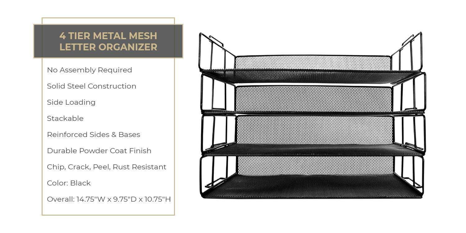 Blu Monaco Desk Organizers and Accessories Stackable Paper Tray - 4 Tier Stackable Letter Trays - Black Metal Mesh File Holder Organizer