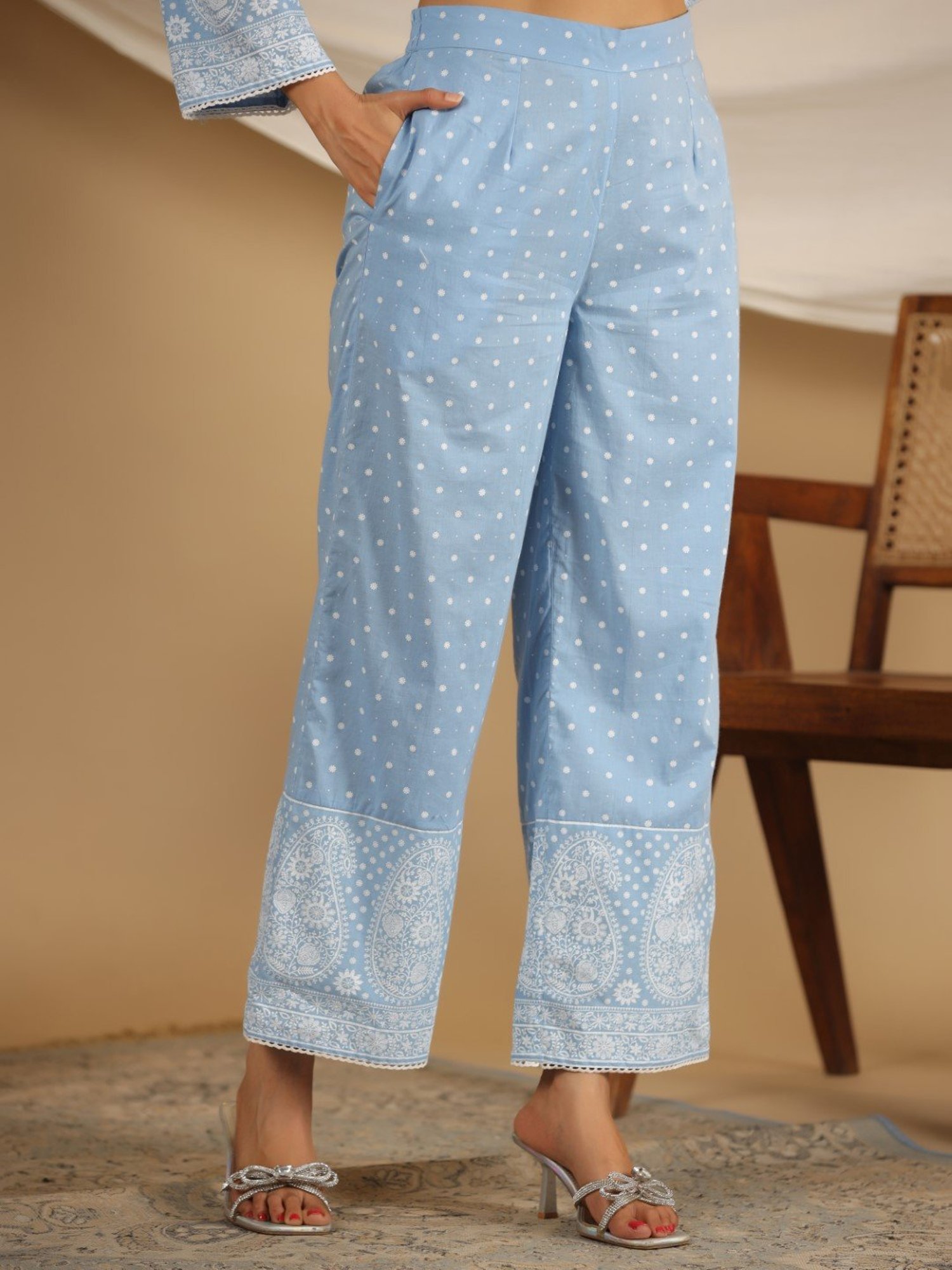 Juniper Cotton Powder Blue Ethnic Motif Print Kurta Palazzo With Dupatta Set With Thread Embroidery