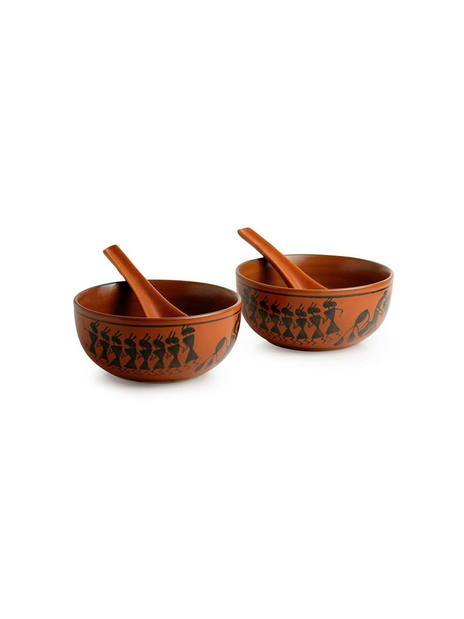 ExclusiveLane 'Bowl Dancing' Warli Hand-Painted Soup Bowls With Spoons In Ceramic (Set Of 2)