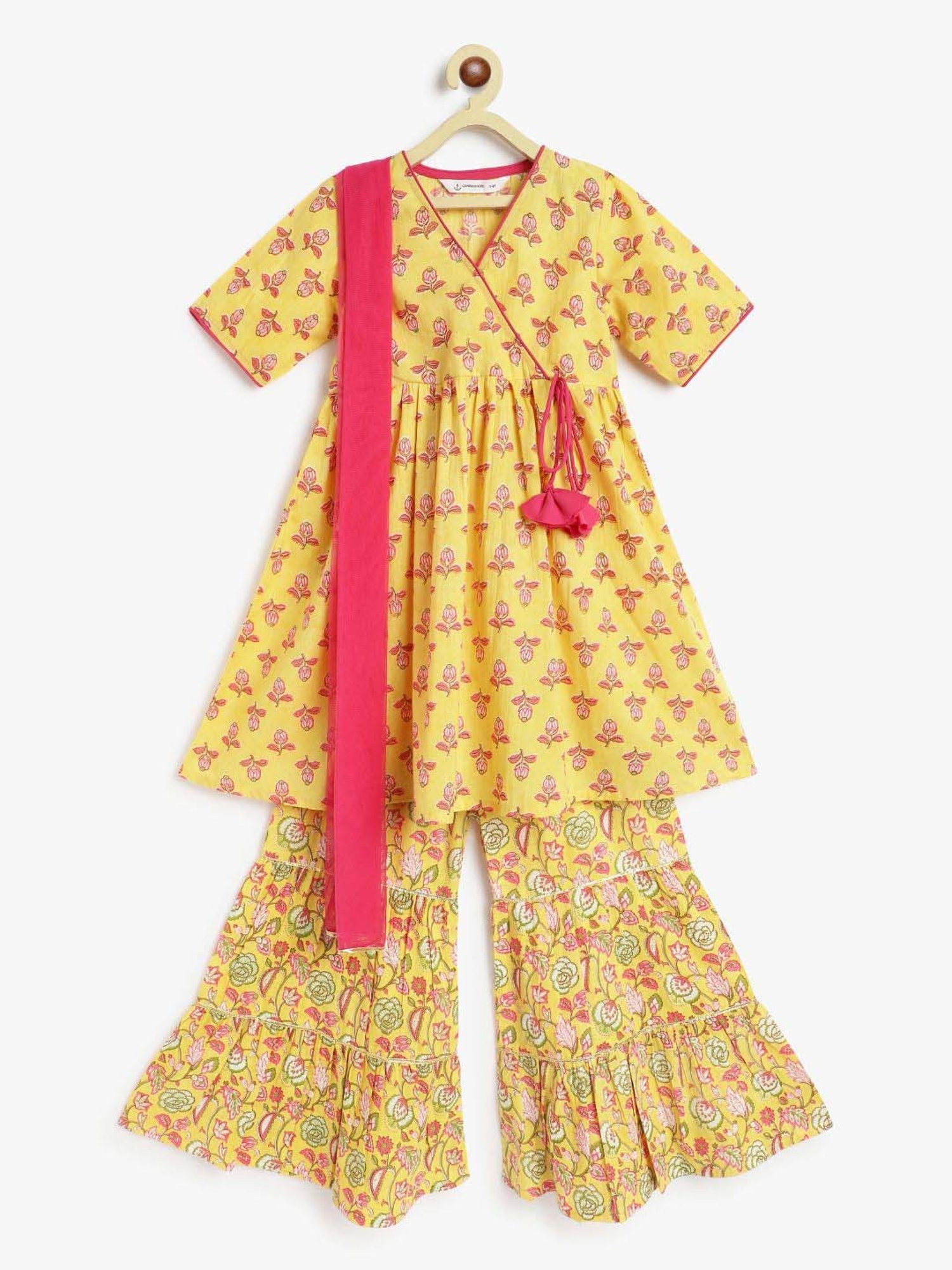 Campana Kids Yellow & Pink Cotton Printed kurti, Sharara & Dupatta