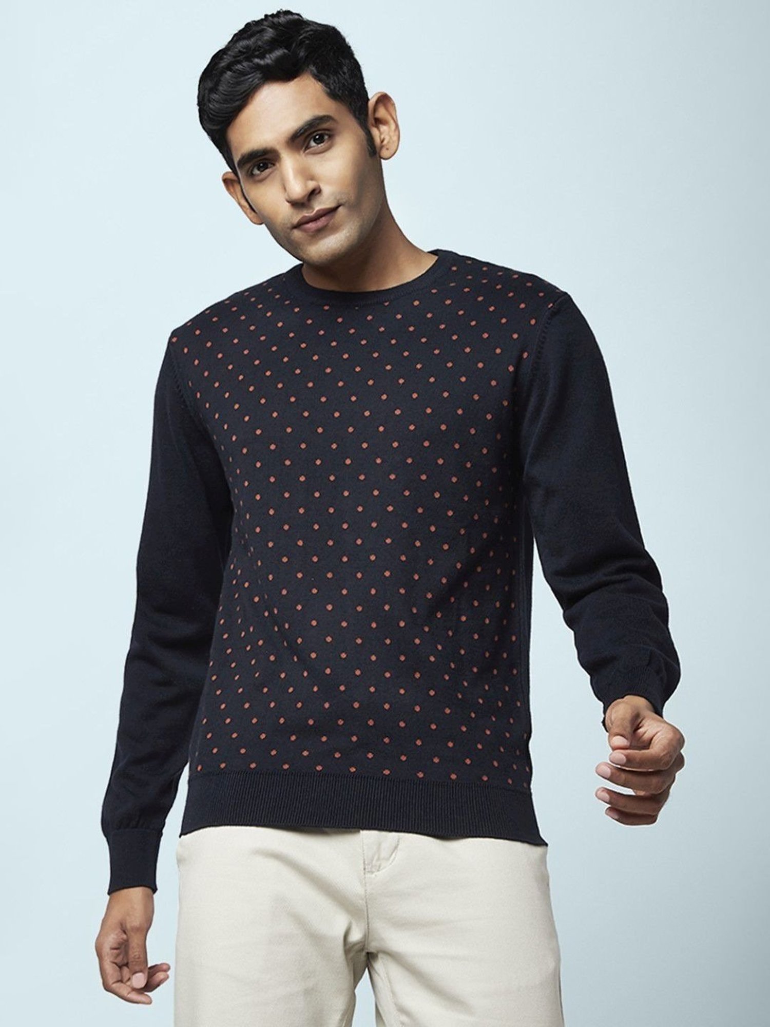 Byford By Pantaloons Navy Cotton Regular Fit Printed Sweaters