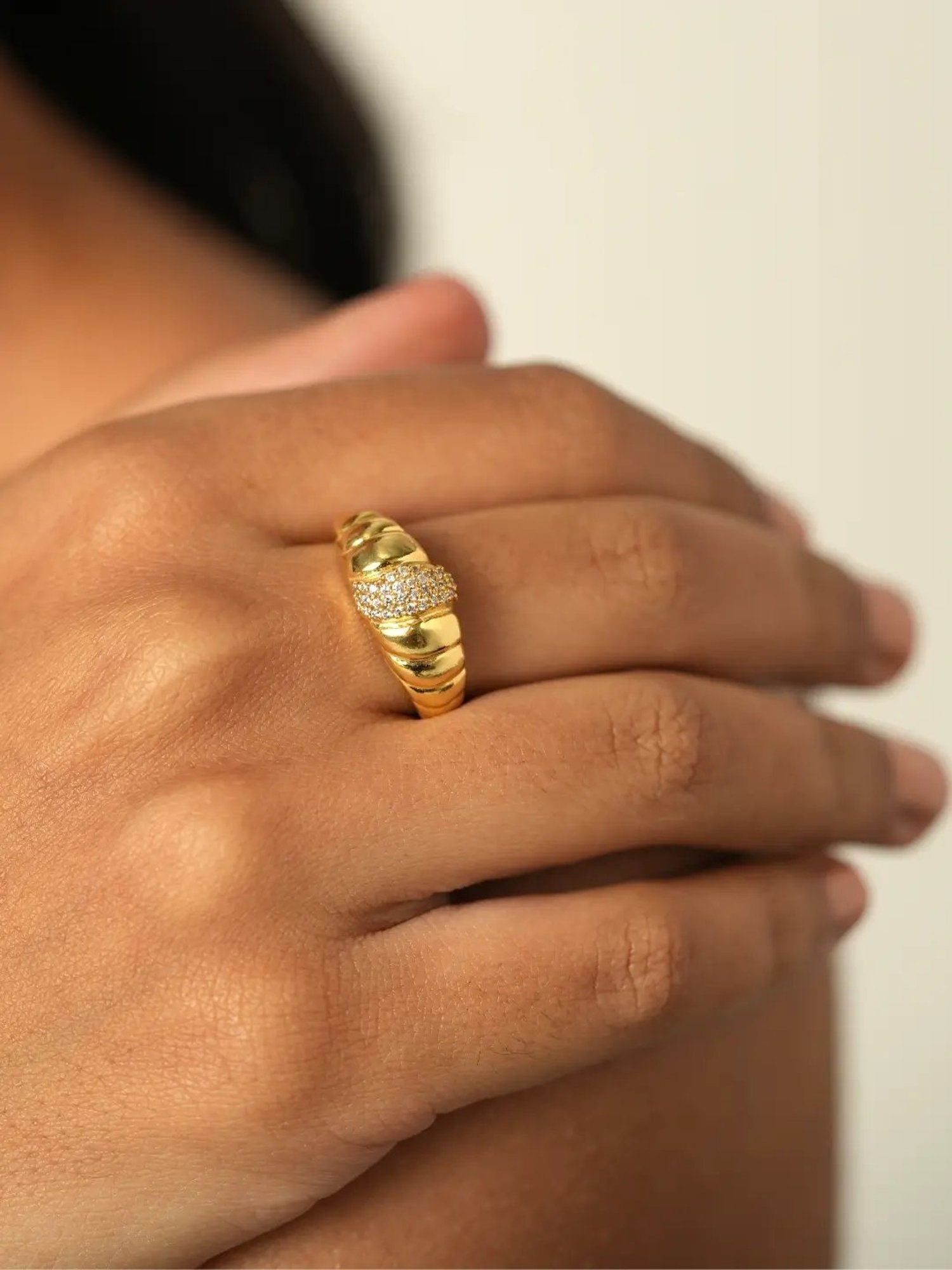 Mabel 92.5 Sterling Silver 18k Gold-Plated Studded Croissant Adjustable Ring