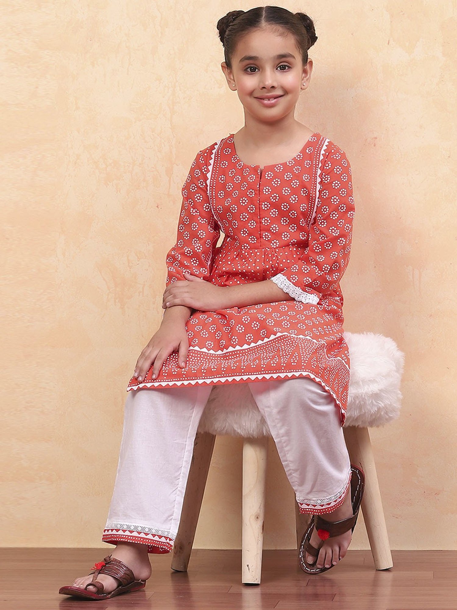 Biba Girls Orange Cotton Printed Suit Sets